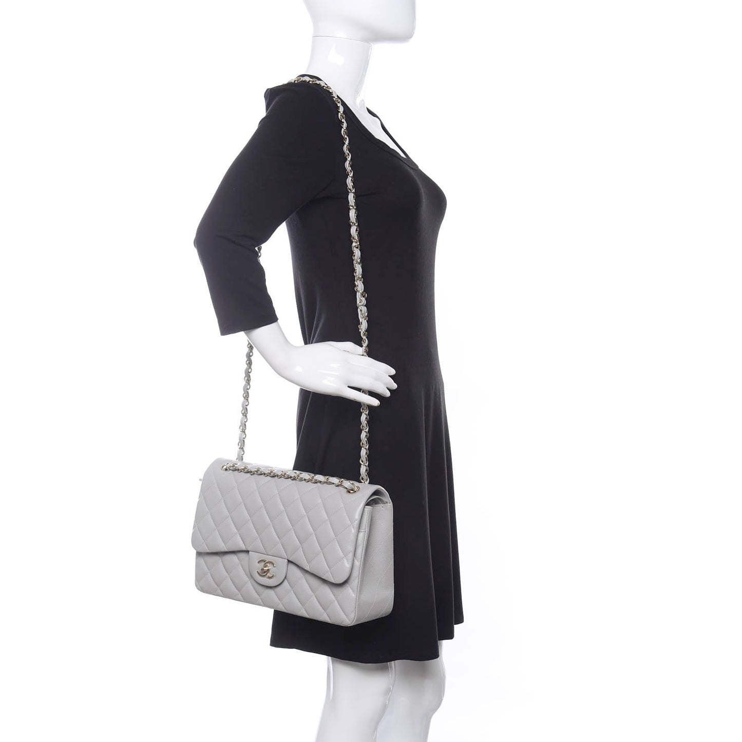 Caviar Quilted Jumbo Double Flap Grey