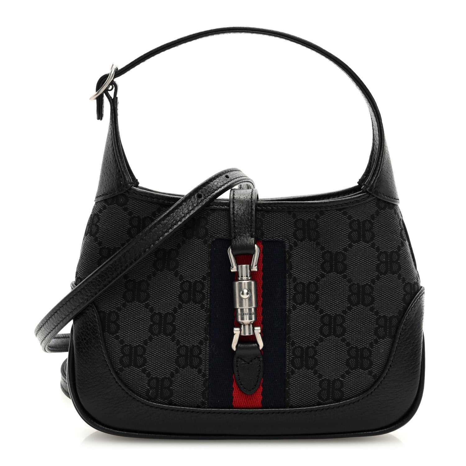 Gucci X BALENCIAGA BB Monogram Calfskin Web Mini Jackie 1961 Hobo Black 1 of 8