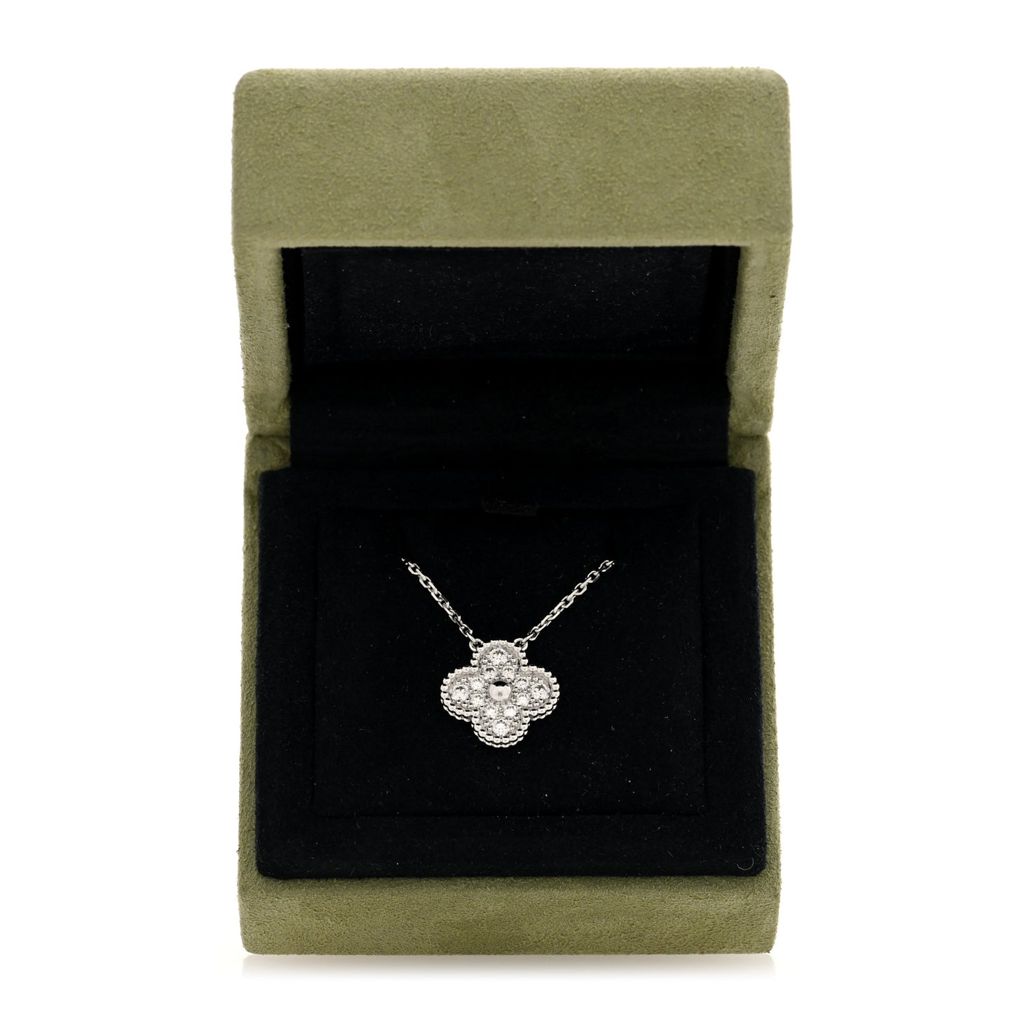 18K White Gold Diamond Vintage Alhambra Pendant Necklace