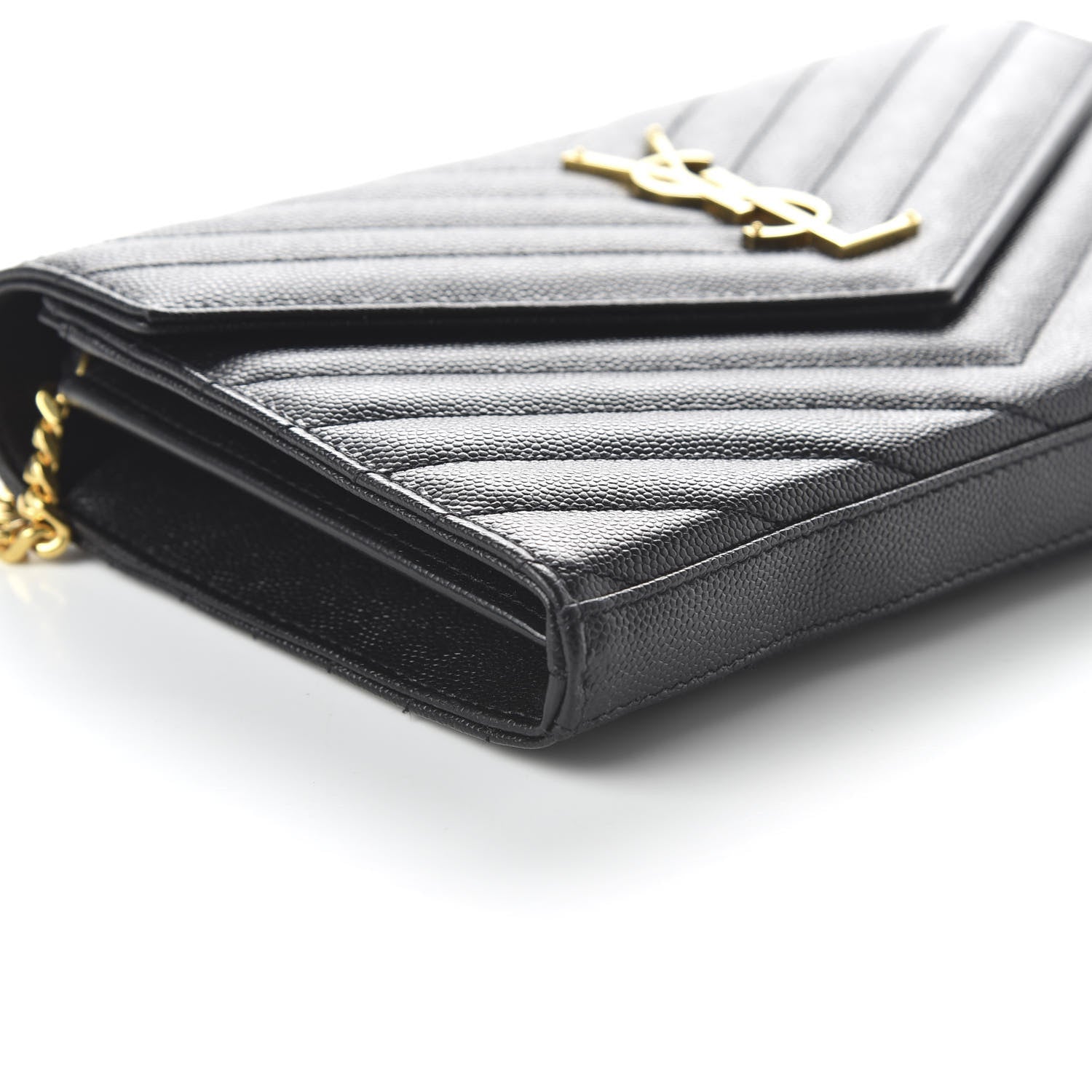 Saint Laurent Grain De Poudre Matelasse Chevron Monogram Chain Wallet Black 6 of 9
