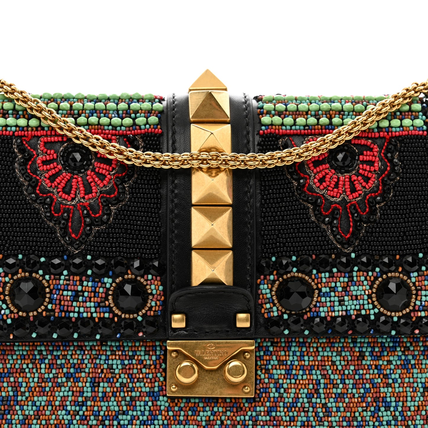 Vitello Beaded Medium Glam Lock Rockstud Flap Black