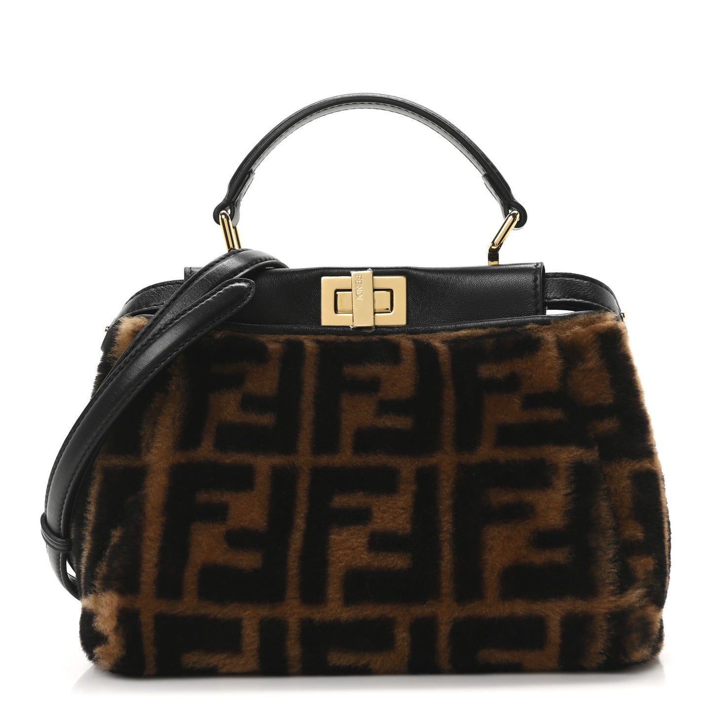 Shearling Nappa Macro FF 1974 Mini Peekaboo Iconic Satchel Tobacco Black