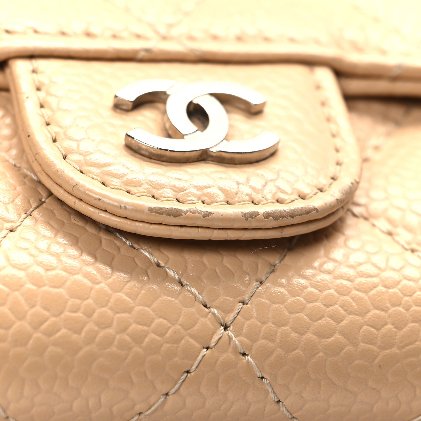 Caviar Quilted Flap Card Holder Wallet Beige