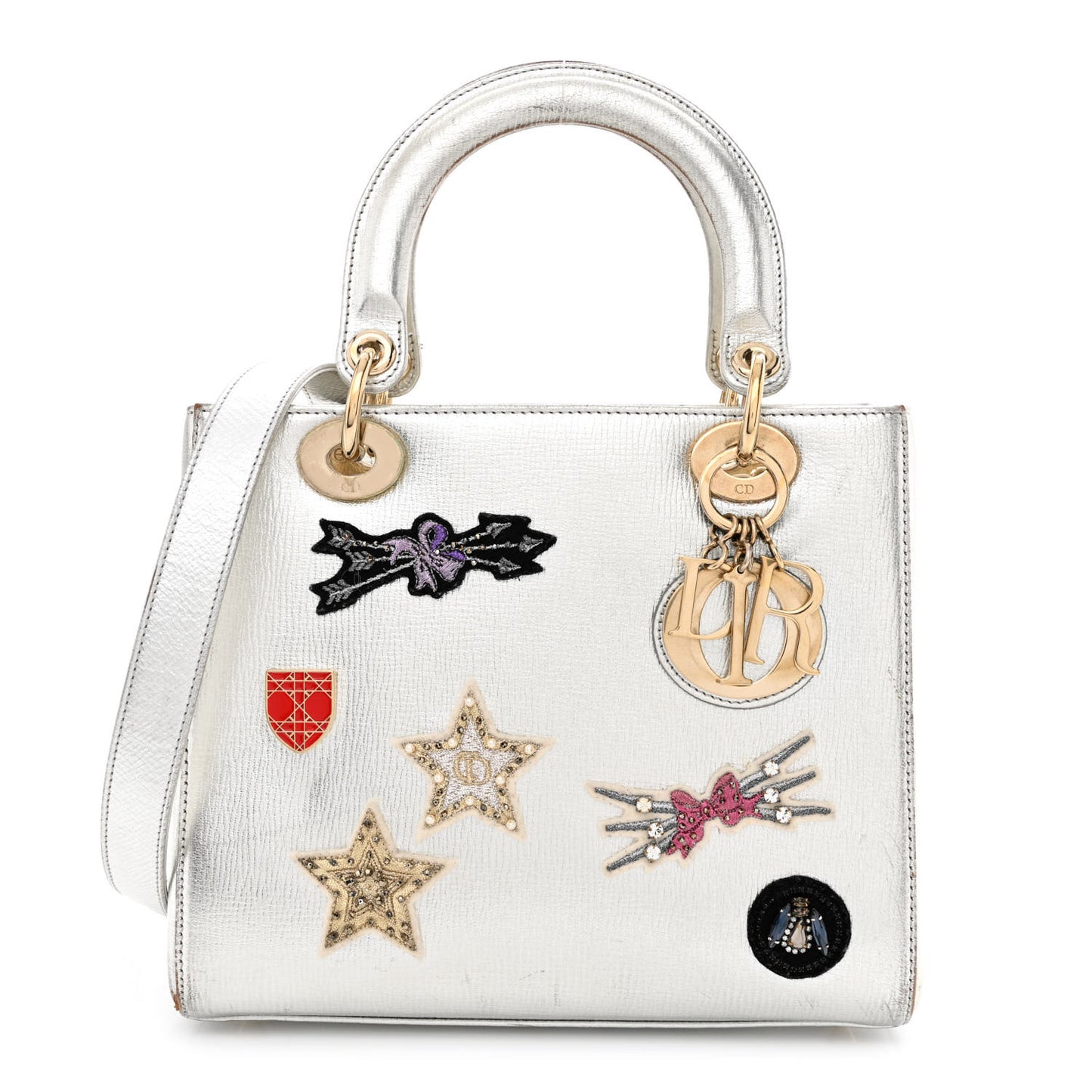 Metallic Calfskin Embroidered Lady Dior Silver Multicolor