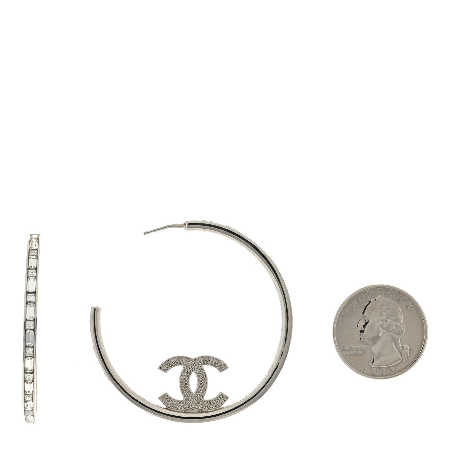 Metal Crystal Baguette CC Large Hoop Earrings Silver
