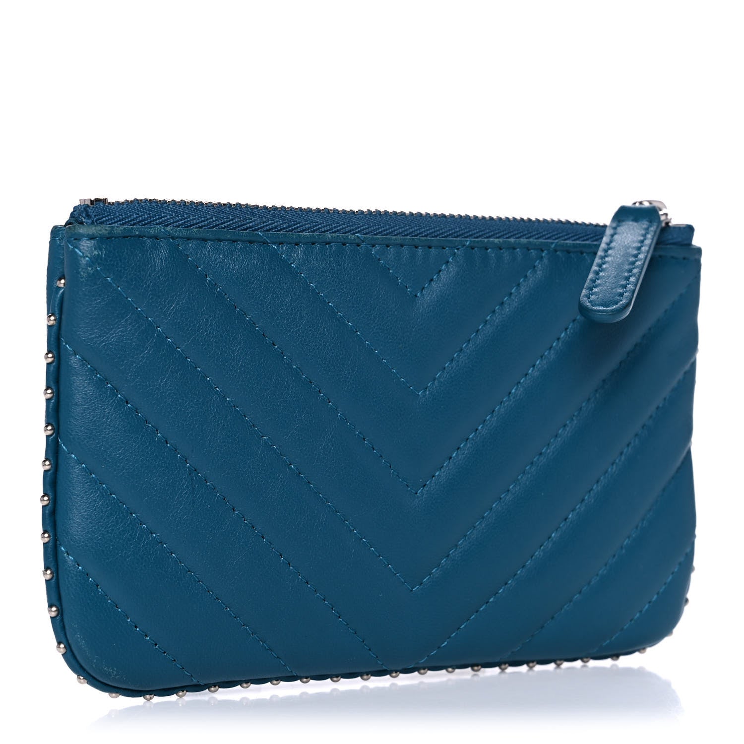 Chanel Lambskin Chevron Quilted Studded Small Cosmetic Case Blue 3 of 14