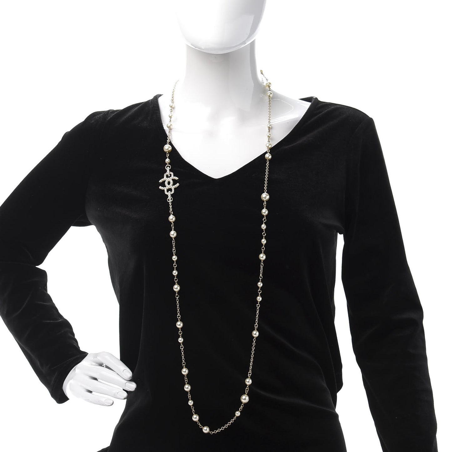 Graduated Pearl Crystal CC Long Necklace Gold Pearly White