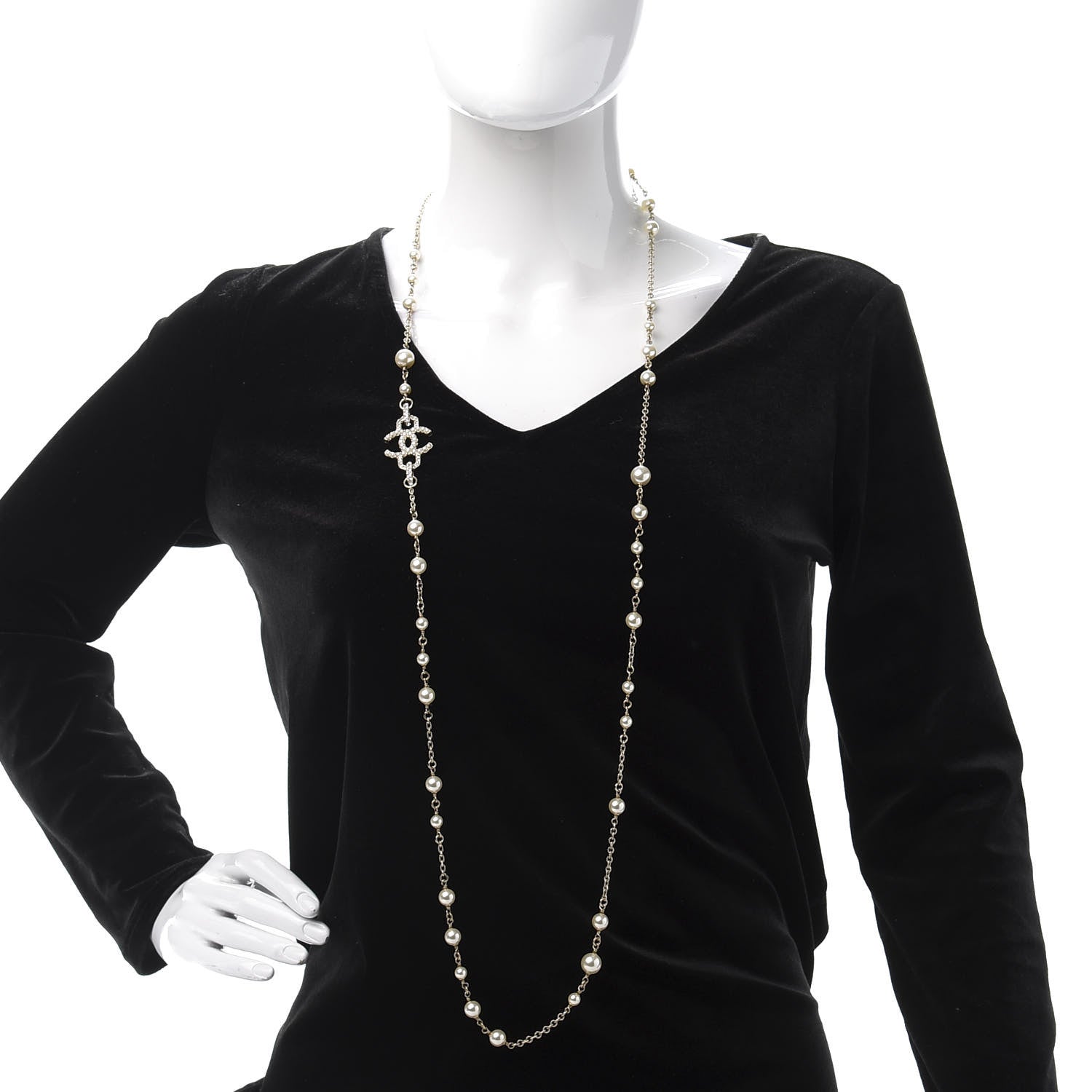 Chanel Graduated Pearl Crystal CC Long Necklace Gold Pearly White 2 of 6