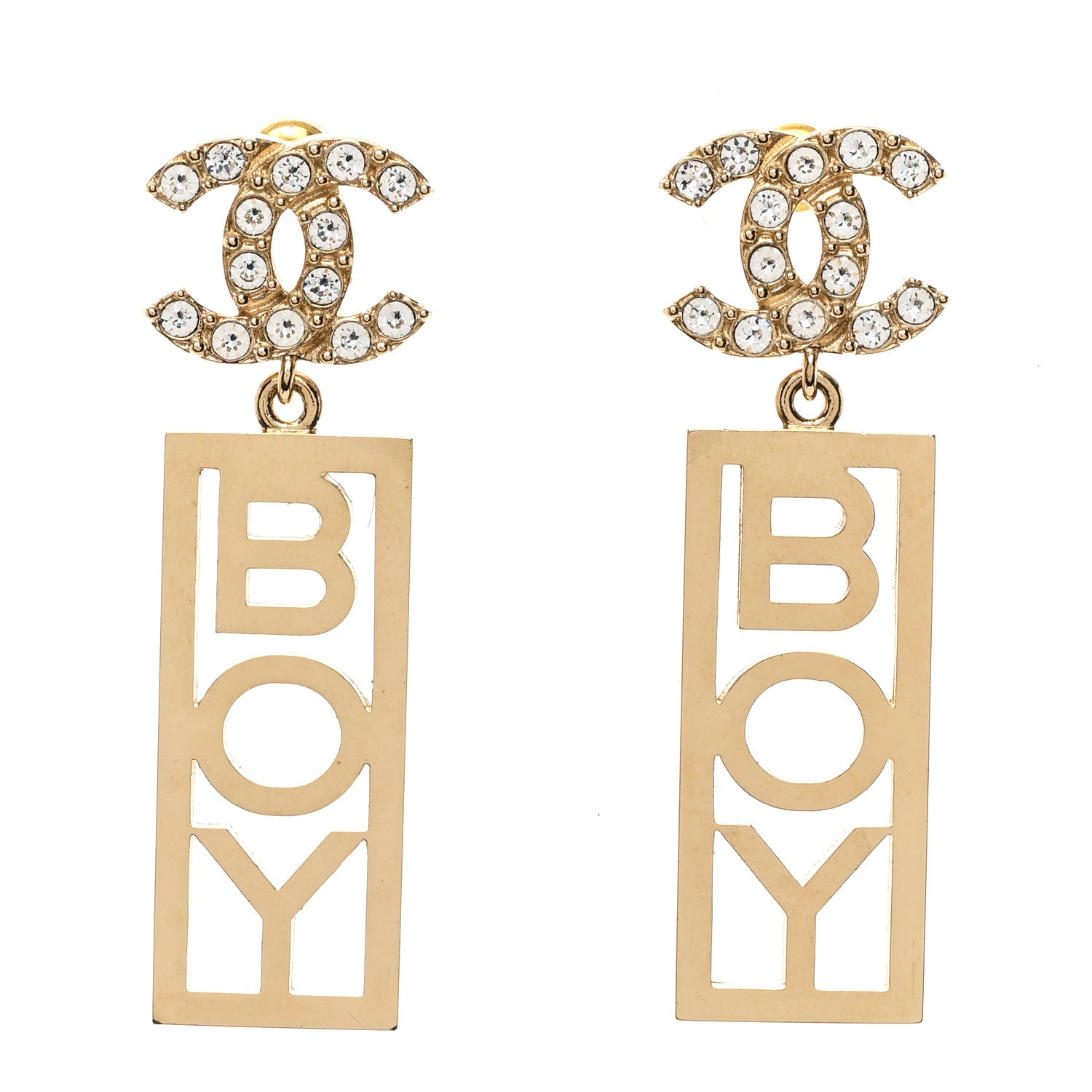 Chanel Metal Crystal CC Boy Drop Earrings Gold 1 of 5