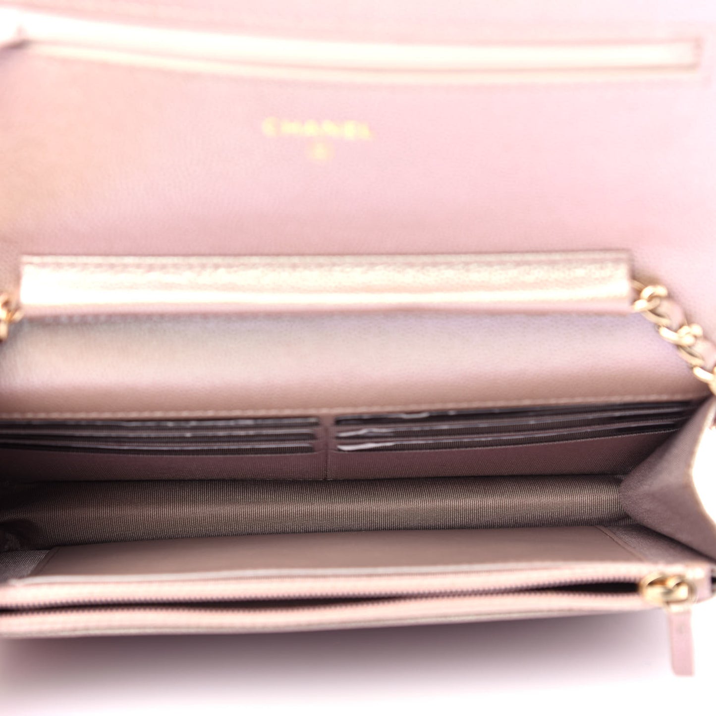 Iridescent Caviar Quilted Wallet On Chain WOC Beige