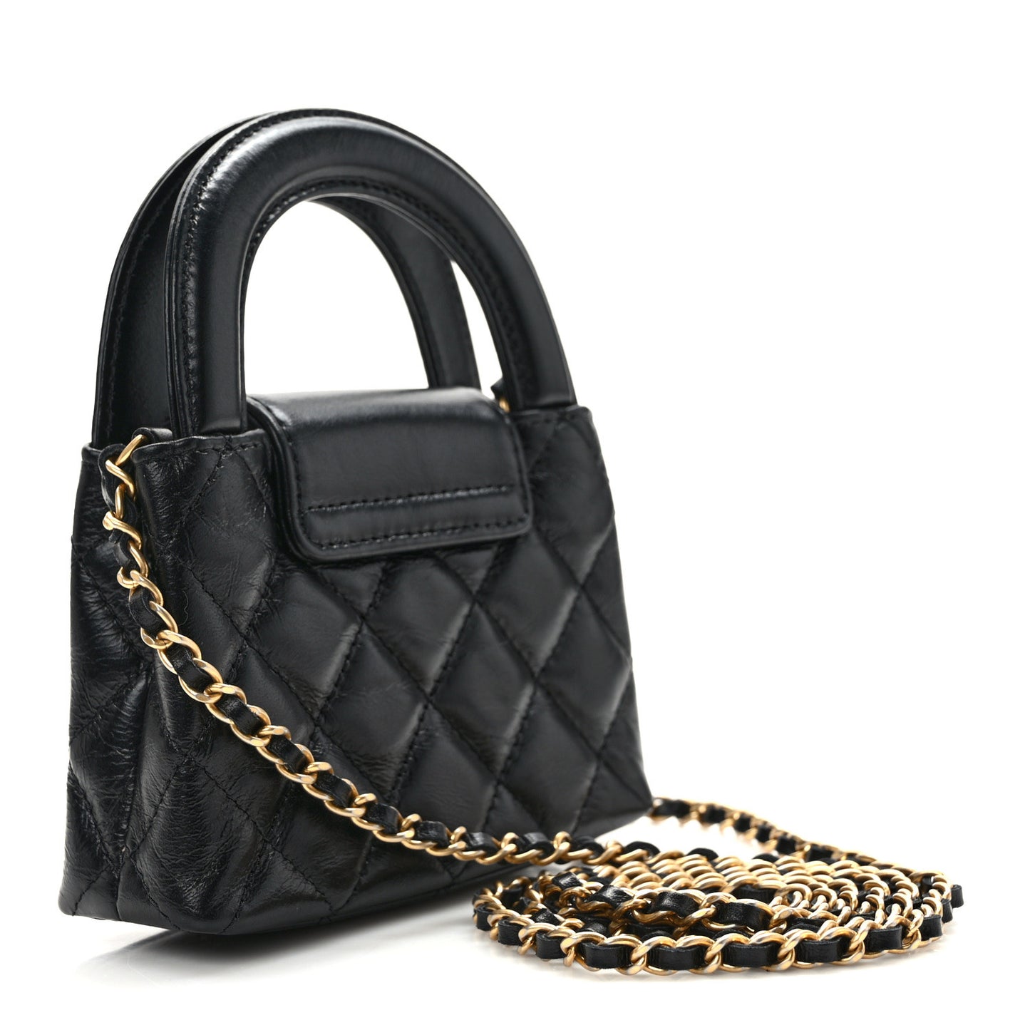 Shiny Aged Calfskin Quilted Mini Nano Kelly Shopper Black