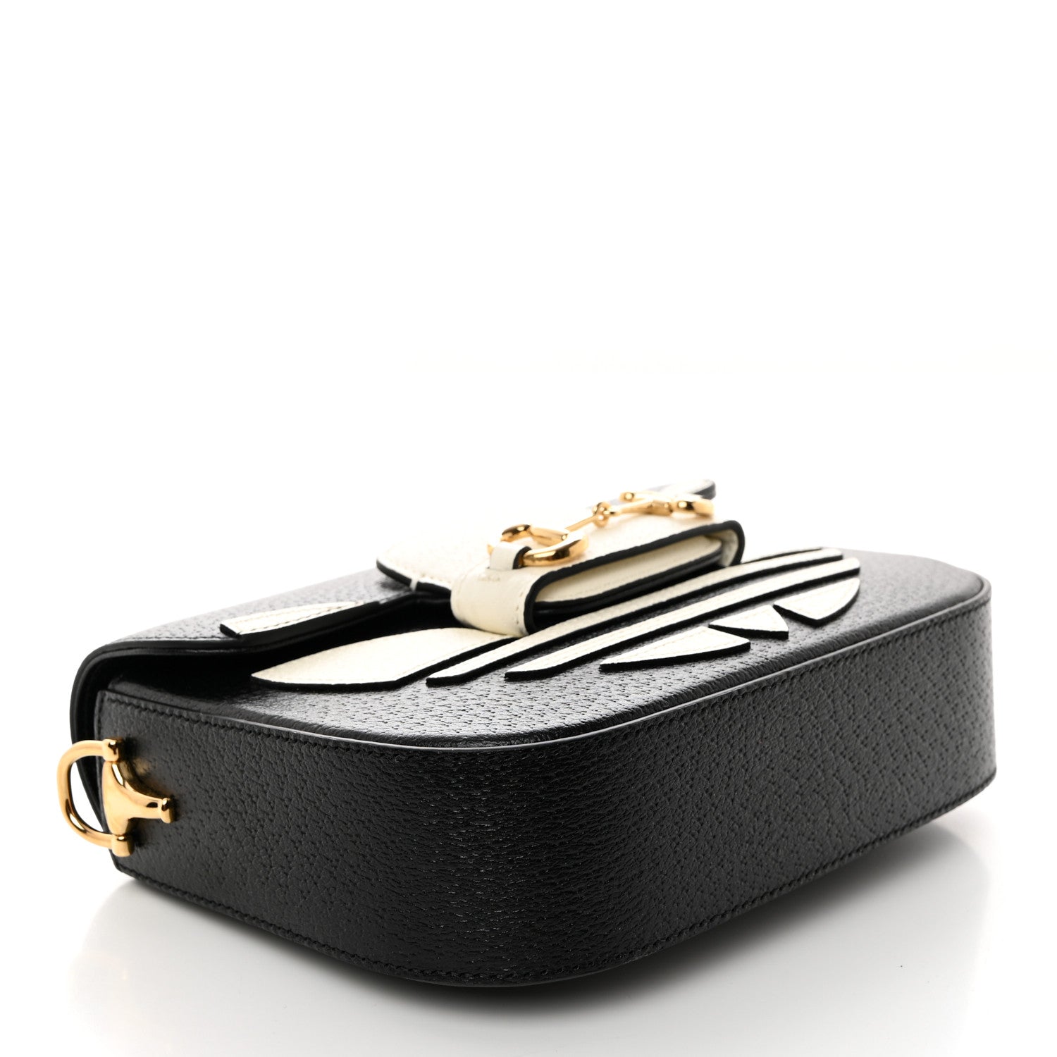 Gucci X ADIDAS Textured Dollar Calfskin Web Trefoil Mini Horsebit 1955 Shoulder Bag Black Off White 4 of 12