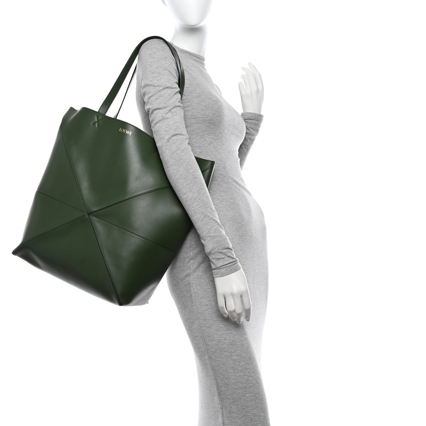 Shiny Calfskin Medium Puzzle Fold Tote Dark Khaki Green