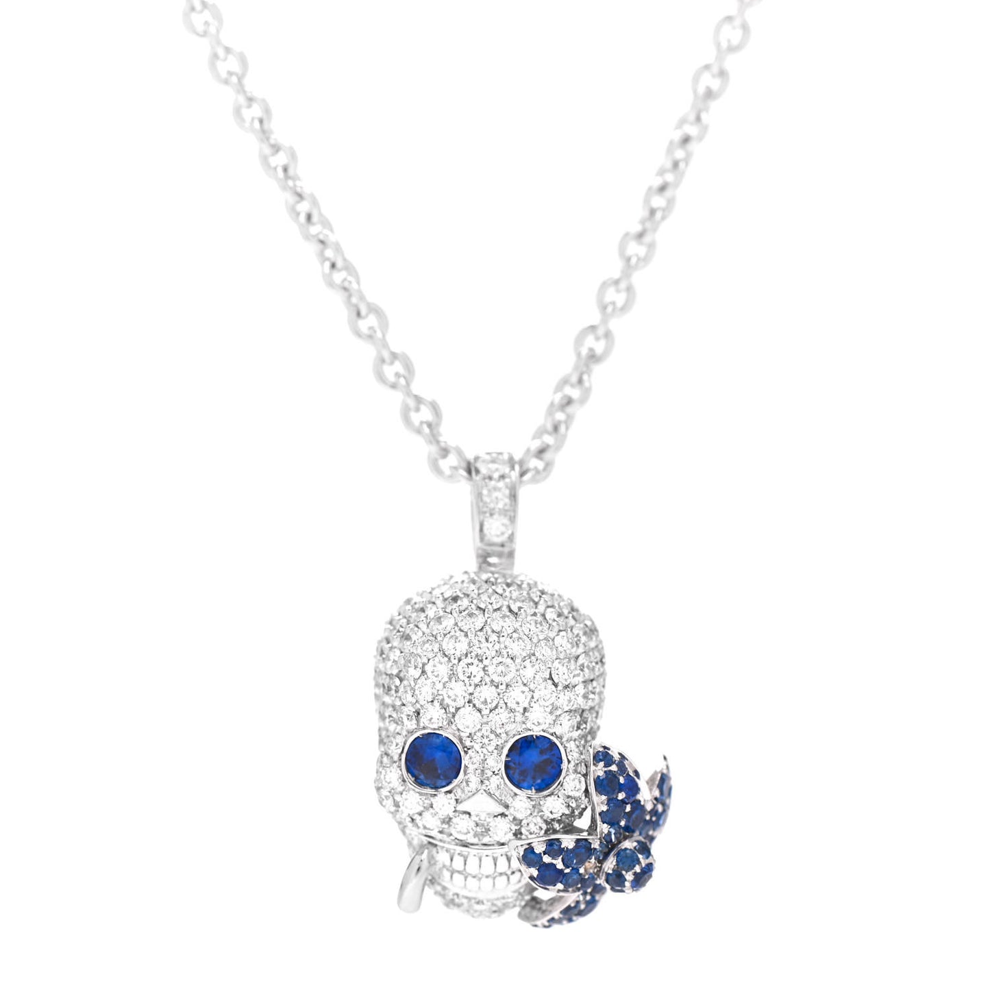 18K White Gold Diamond Blue Sapphire Skull Pendant Necklace