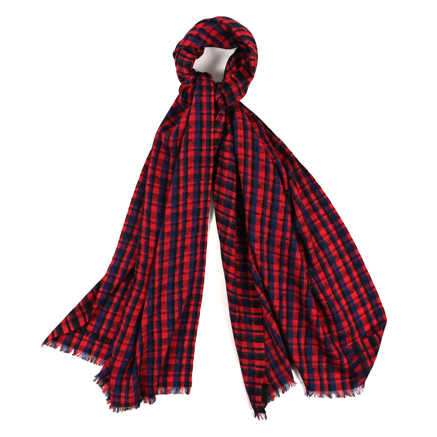 Silk Wool Monogram Fringe Stole Red Blue