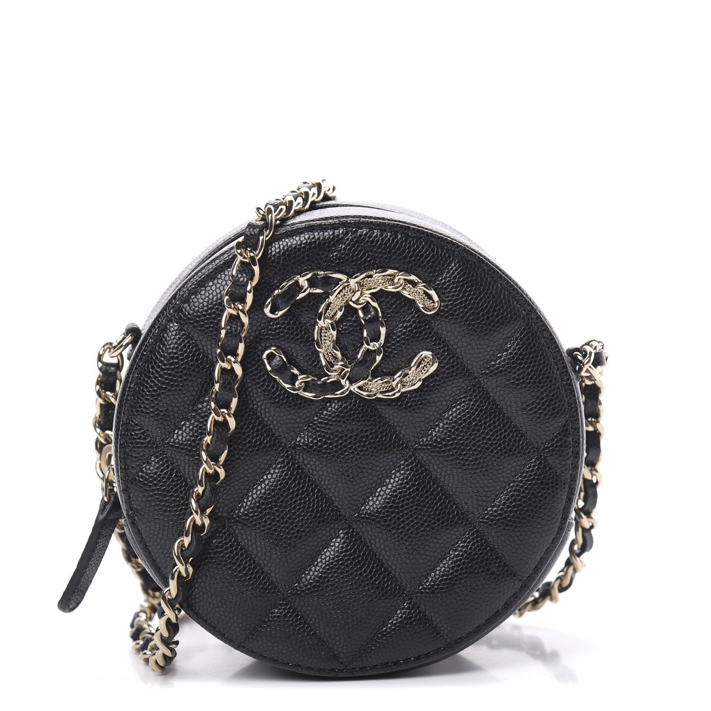 Caviar Quilted French New Wave Round Clutch With Chain Black