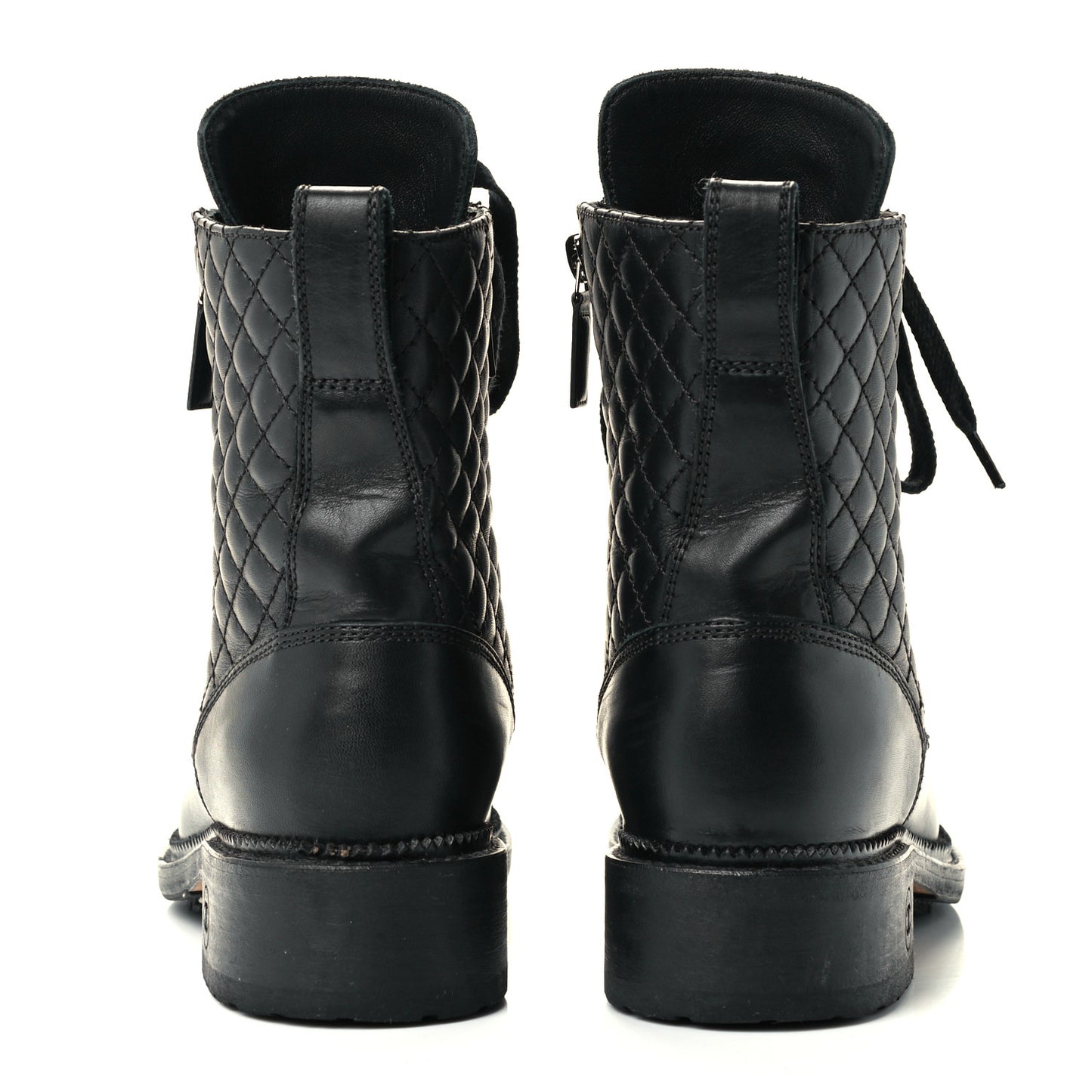 Calfskin Quilted Lace Up Combat Boots 36.5 Black