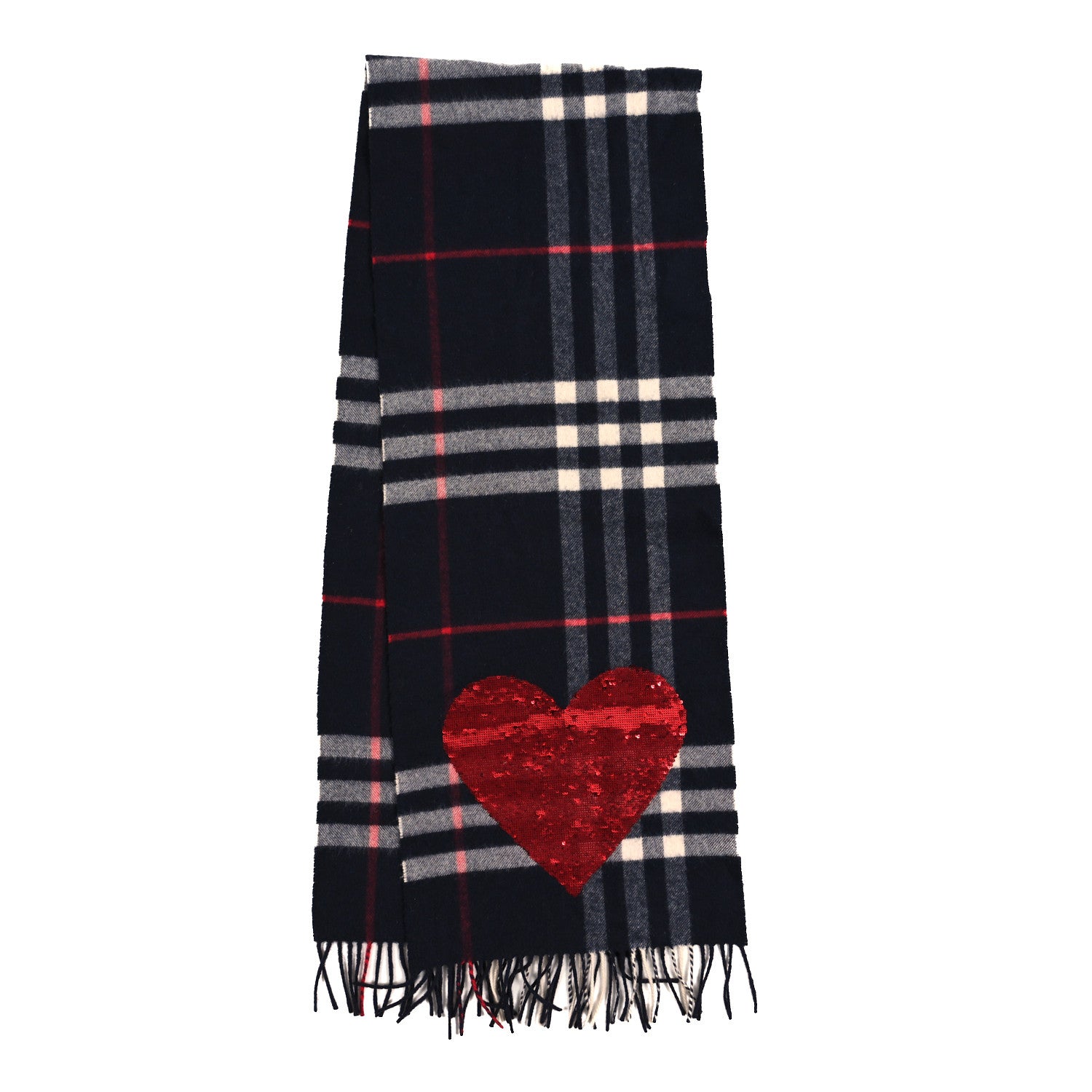 Burberry Cashmere Sequin Check Heart Fringe Scarf Navy Red 2 of 4
