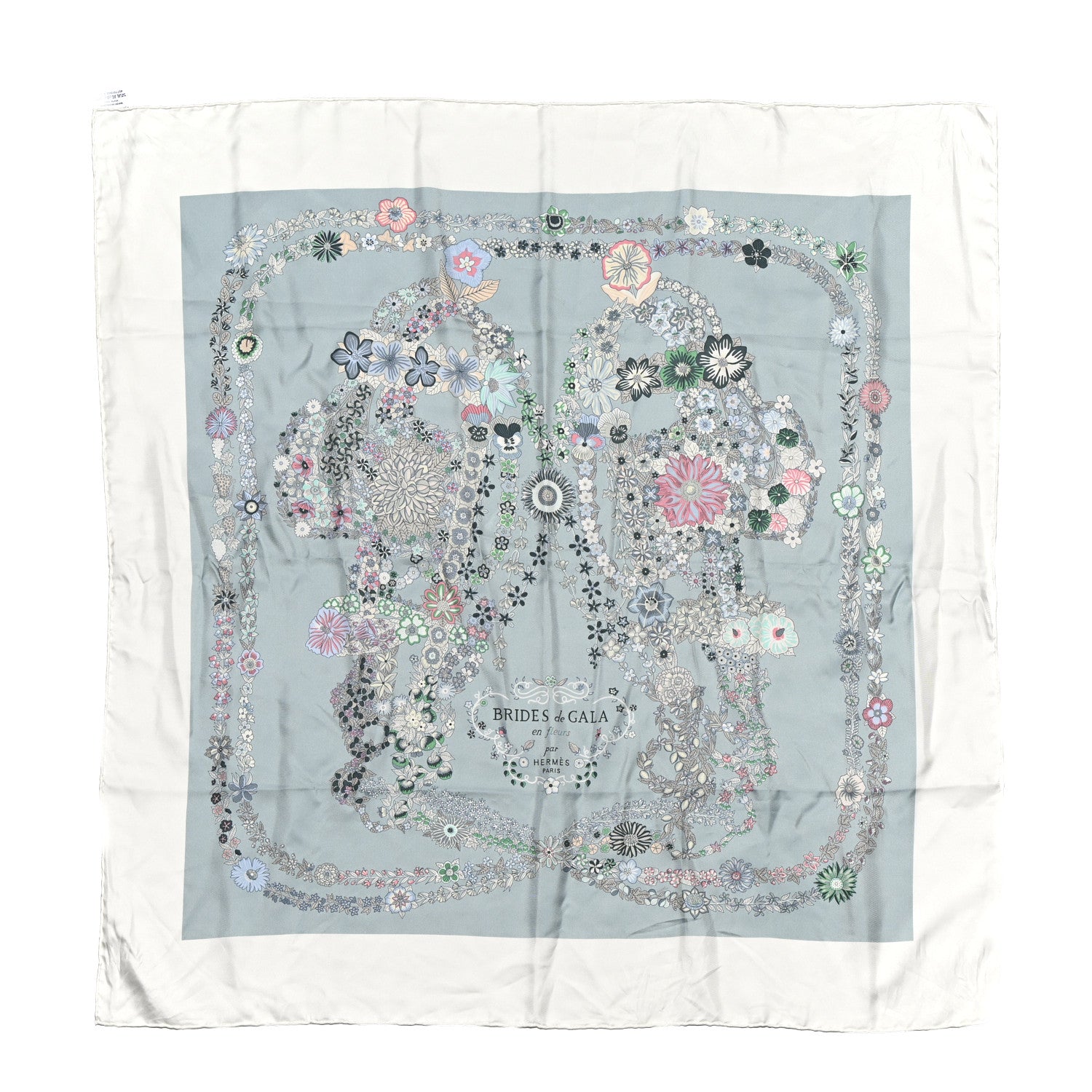 Hermes Silk Brides De Gala En Fleurs Scarf 90 White Bleu Glacier