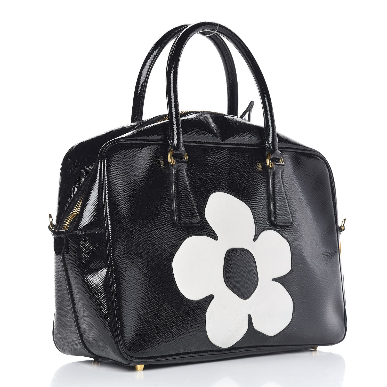 Prada Saffiano Vernice Floral Bauletto Bag Black 3 of 12