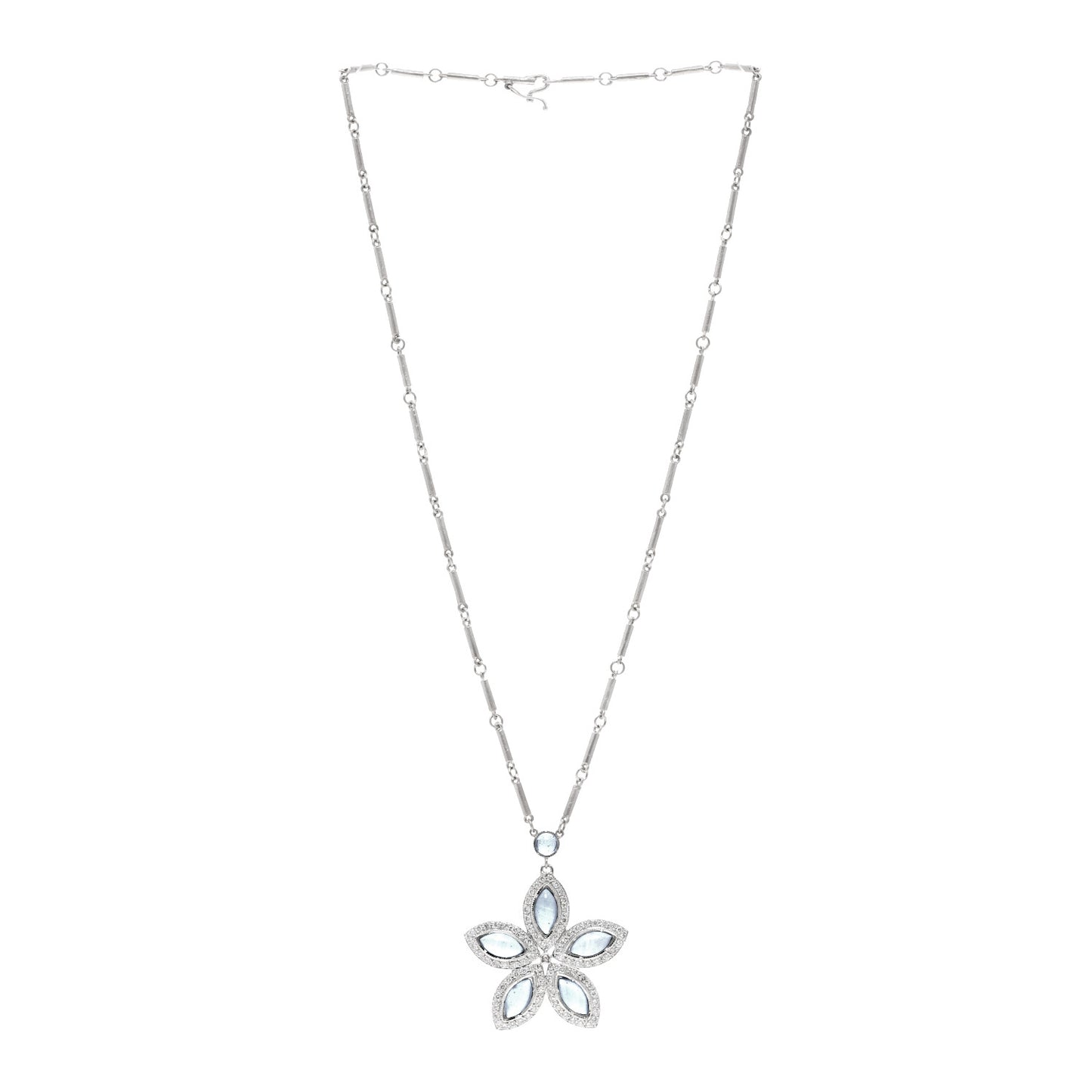 18K White Gold Aquamarine Diamond Flower Necklace