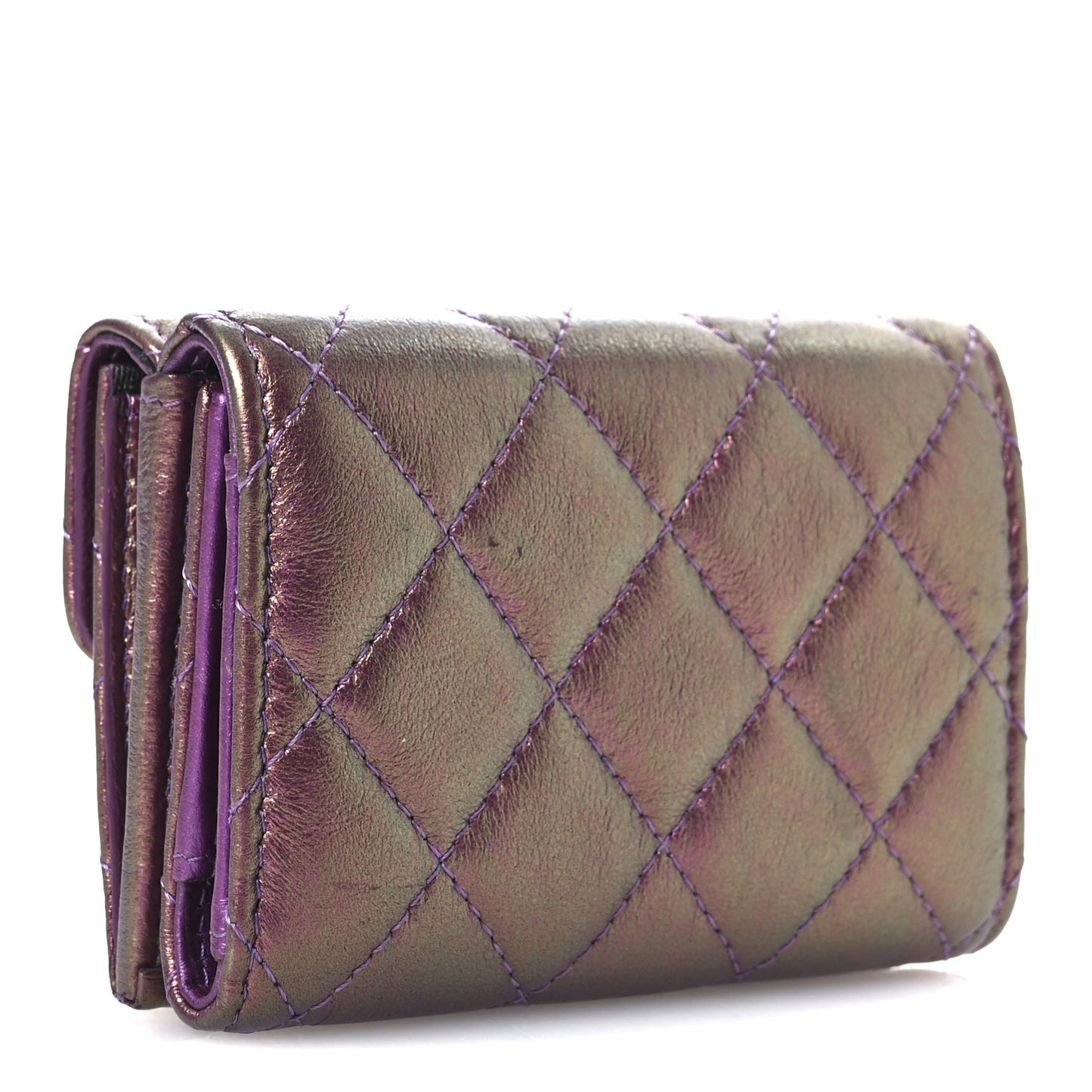 Iridescent Lambskin Quilted Double Flap Wallet Purple