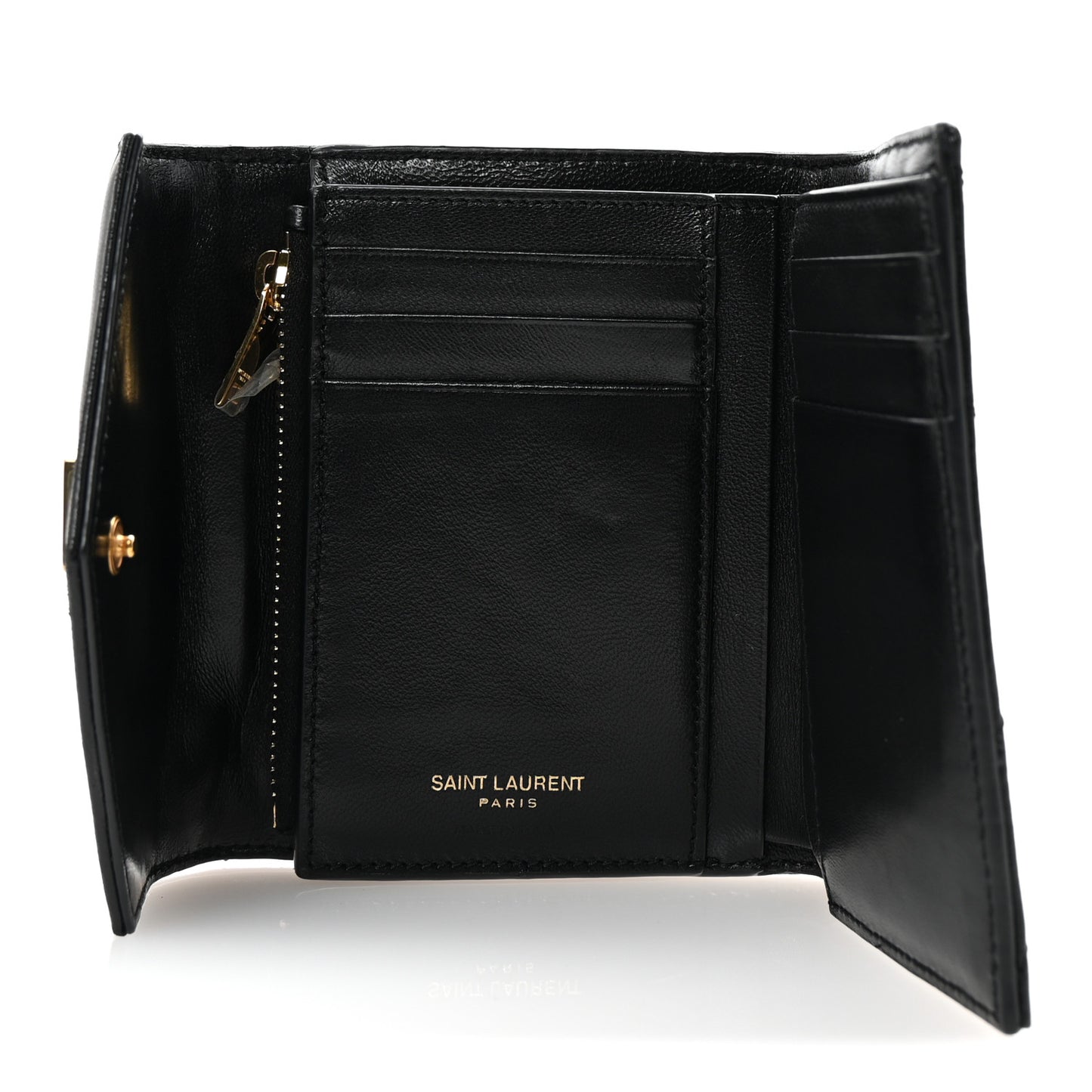 Lambskin Matelasse Chevron Monogram Compact Tri Fold Wallet Black