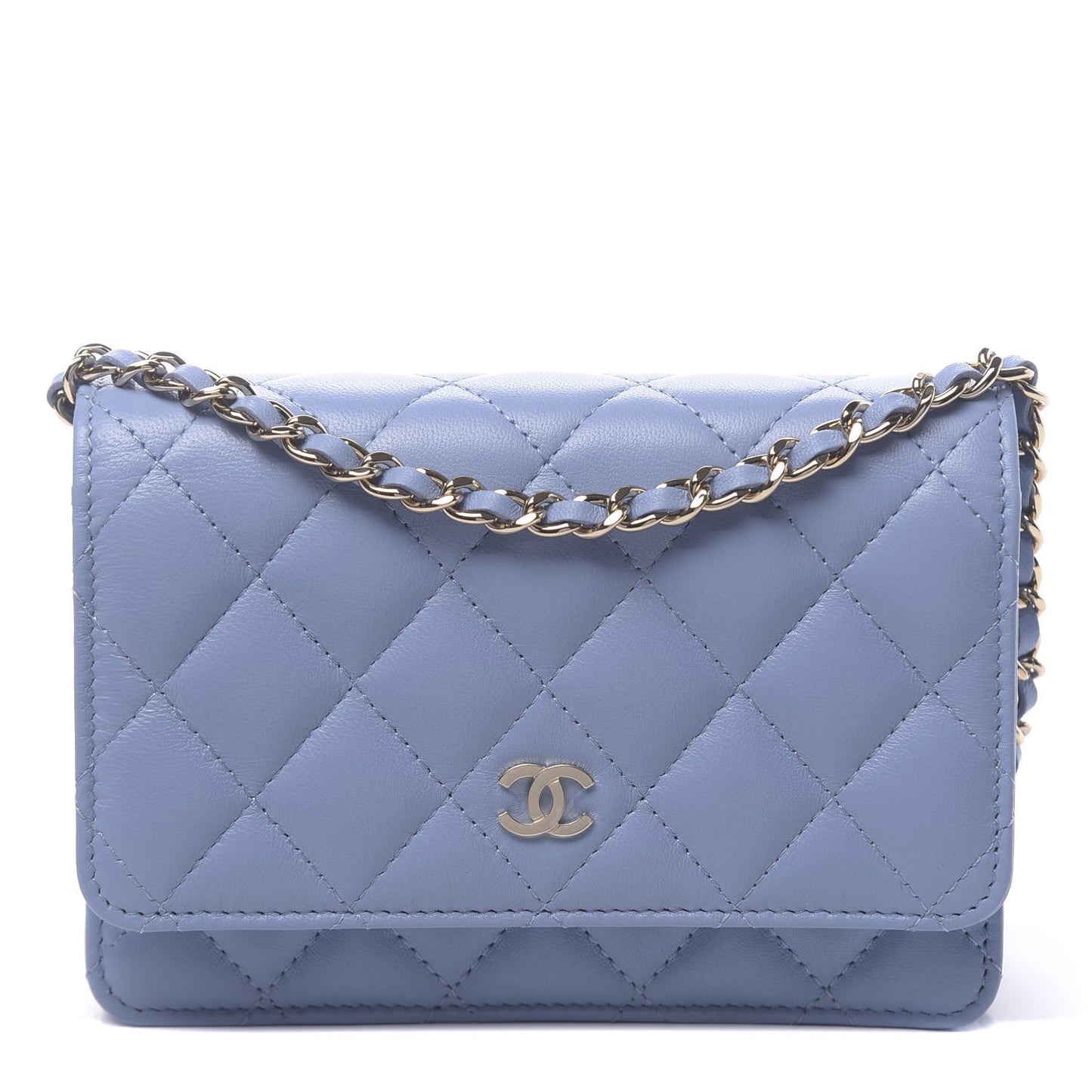 Lambskin Quilted Mini Wallet On Chain WOC Light Blue
