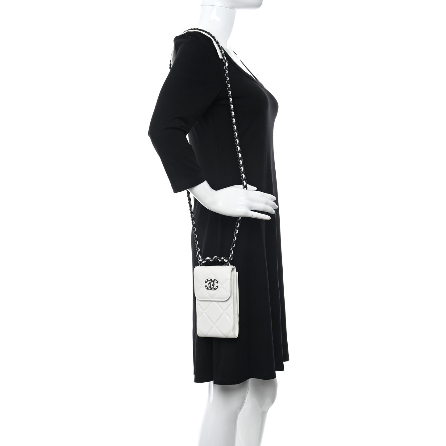 Lambskin Quilted Chanel 19 Phone Holder With Chain White
