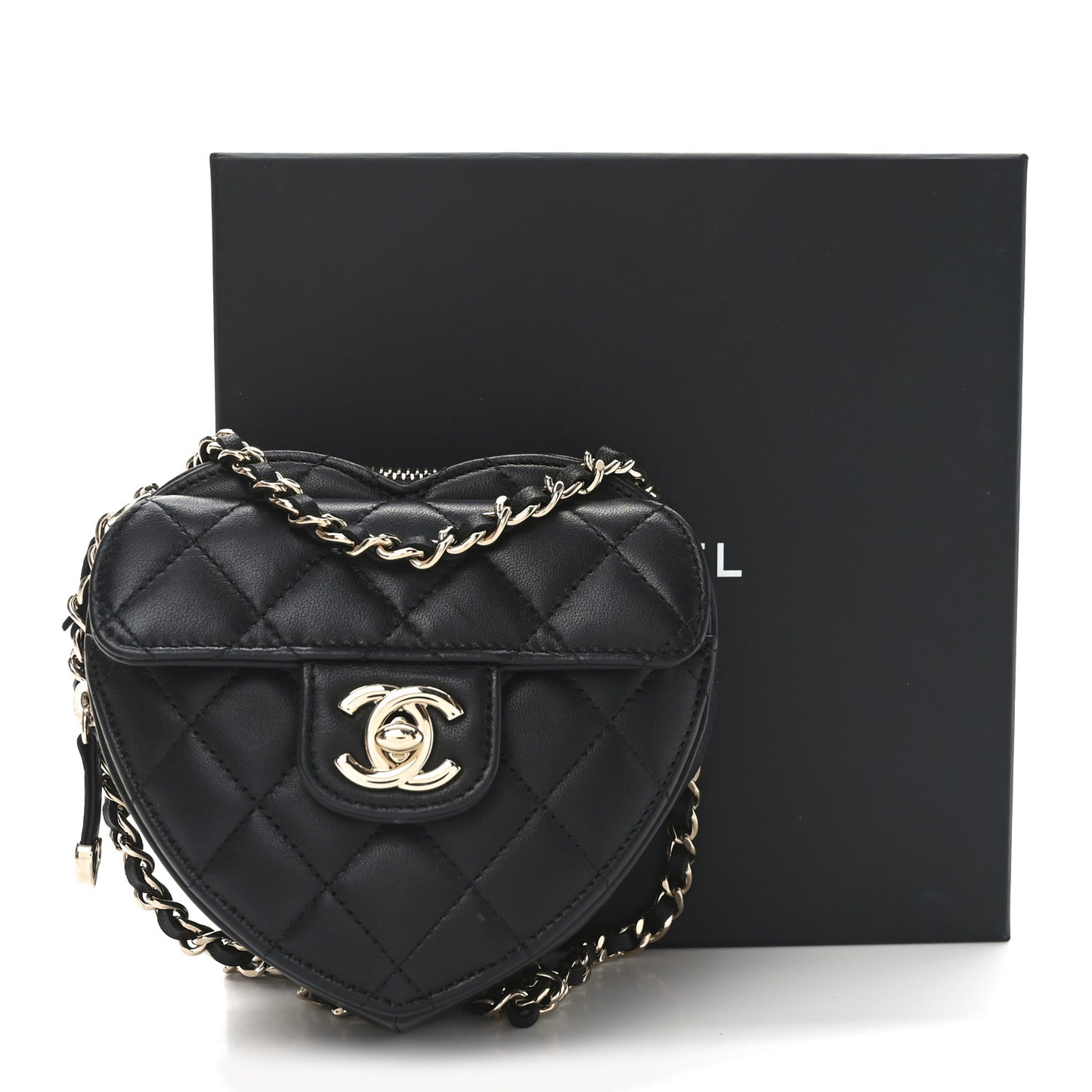 Lambskin Quilted CC In Love Heart Waist Belt Bag With Chain Black