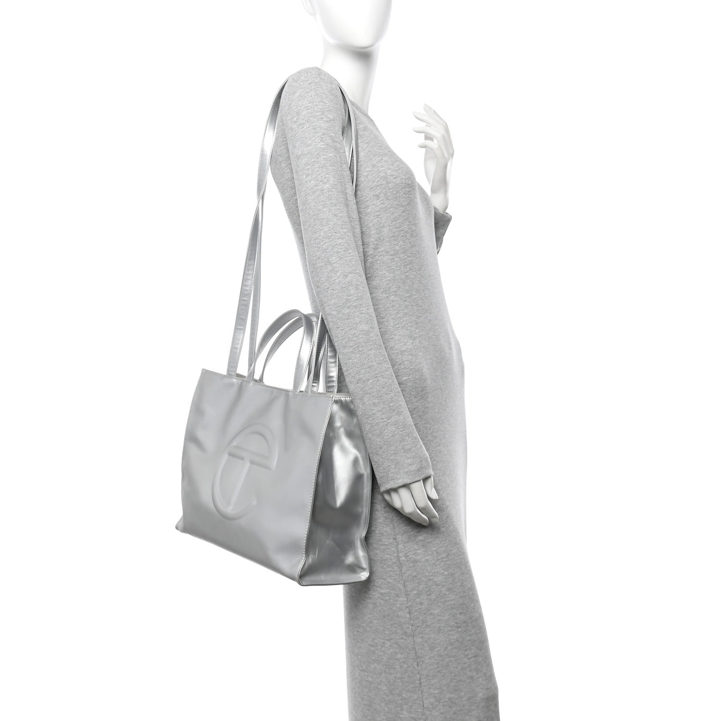 Metallic Vegan Leather Medium Shopping Bag Silver