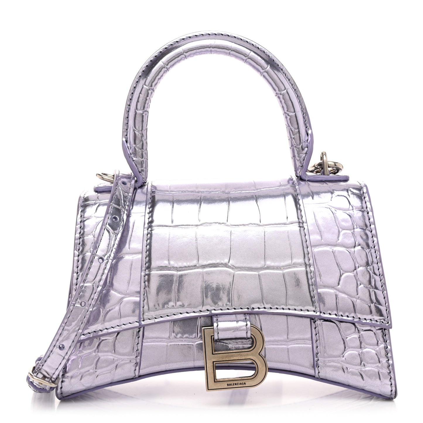 Metallic Calfskin Crocodile Embossed Hourglass Top Handle Bag XS Lilac