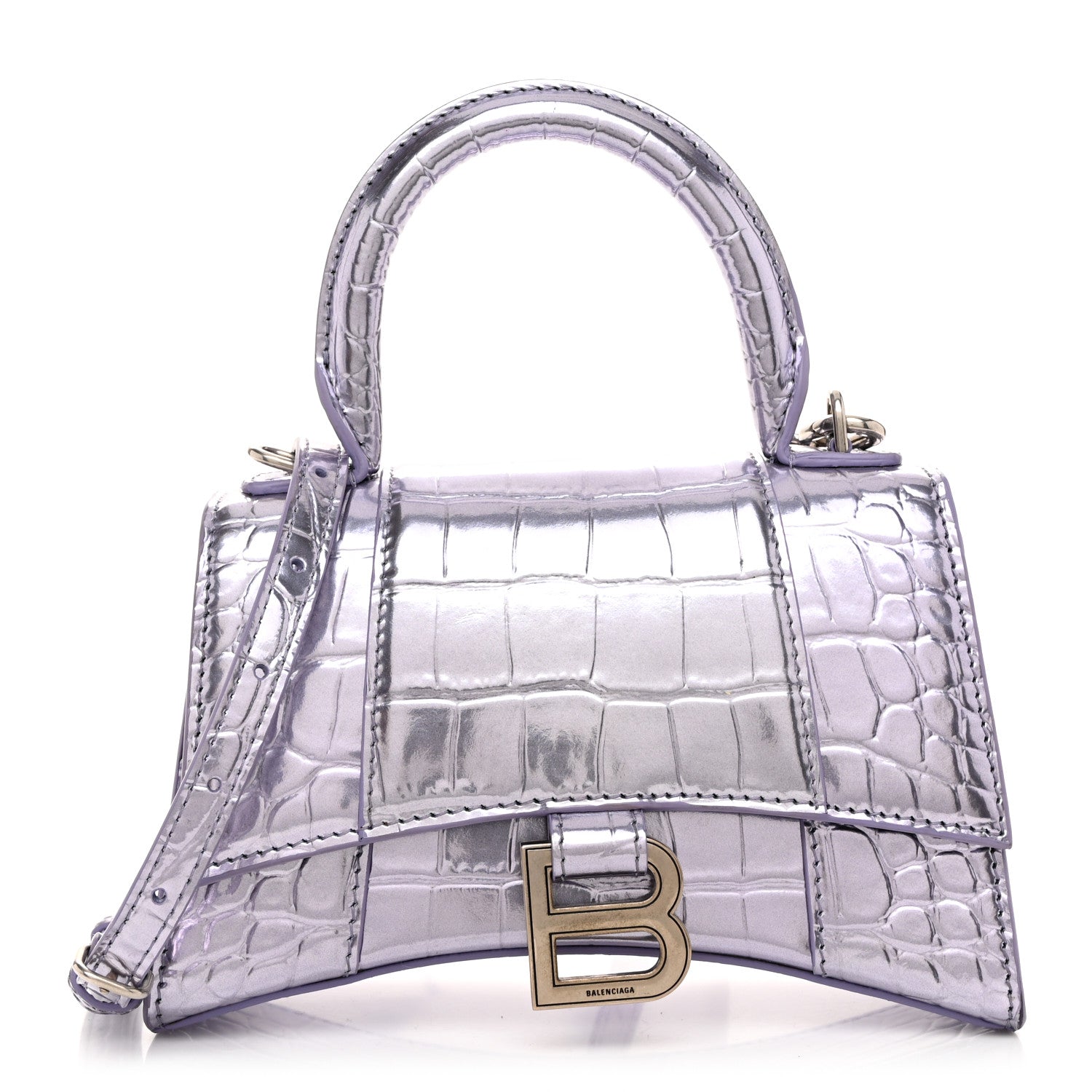 Balenciaga Metallic Calfskin Crocodile Embossed Hourglass Top Handle Bag XS Lilac 1 of 10