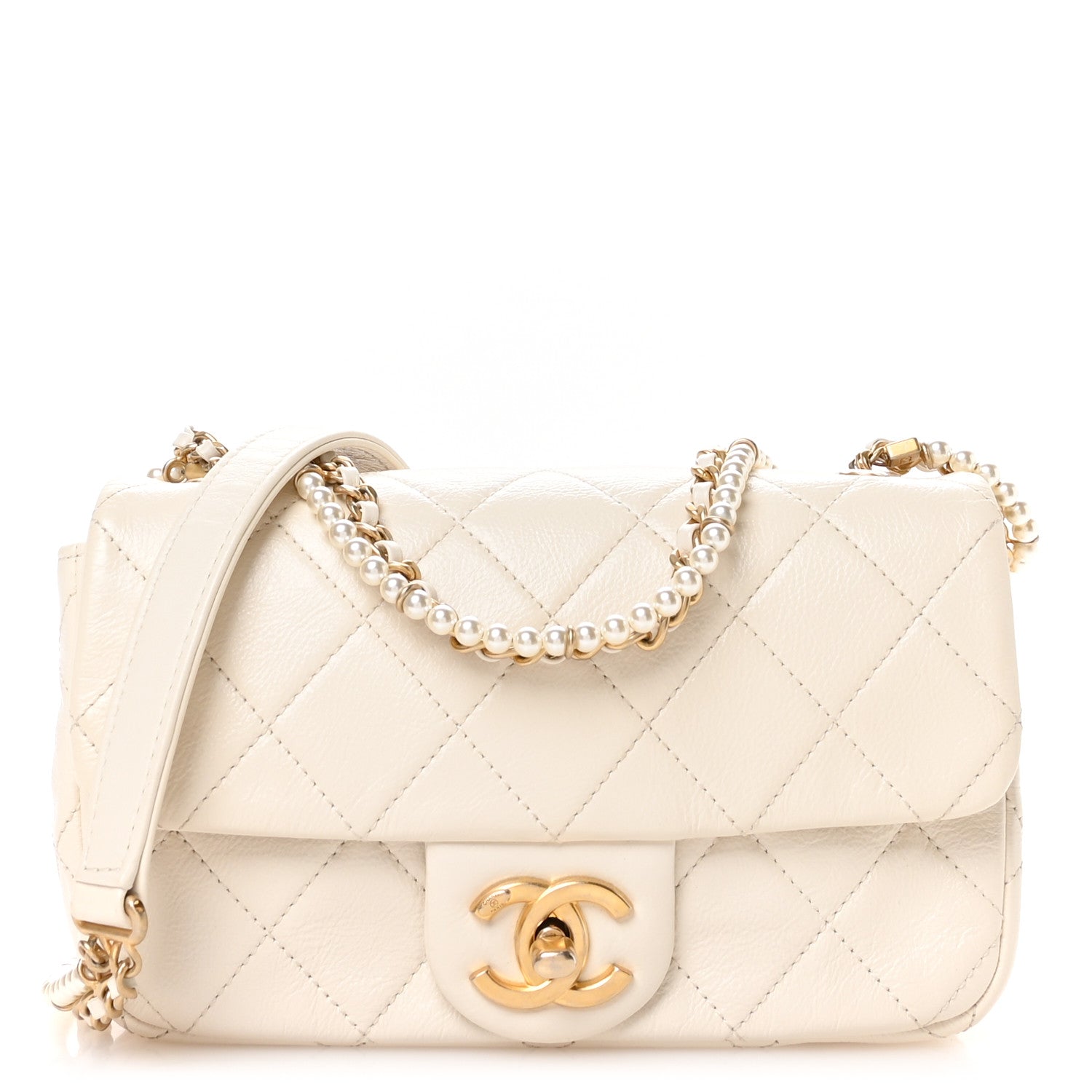 Chanel Calfskin Quilted Crystal Pearls Small Flap Bag White