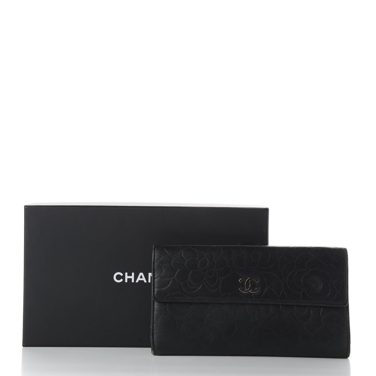 Lambskin Camellia Embossed Large Flap Wallet Black