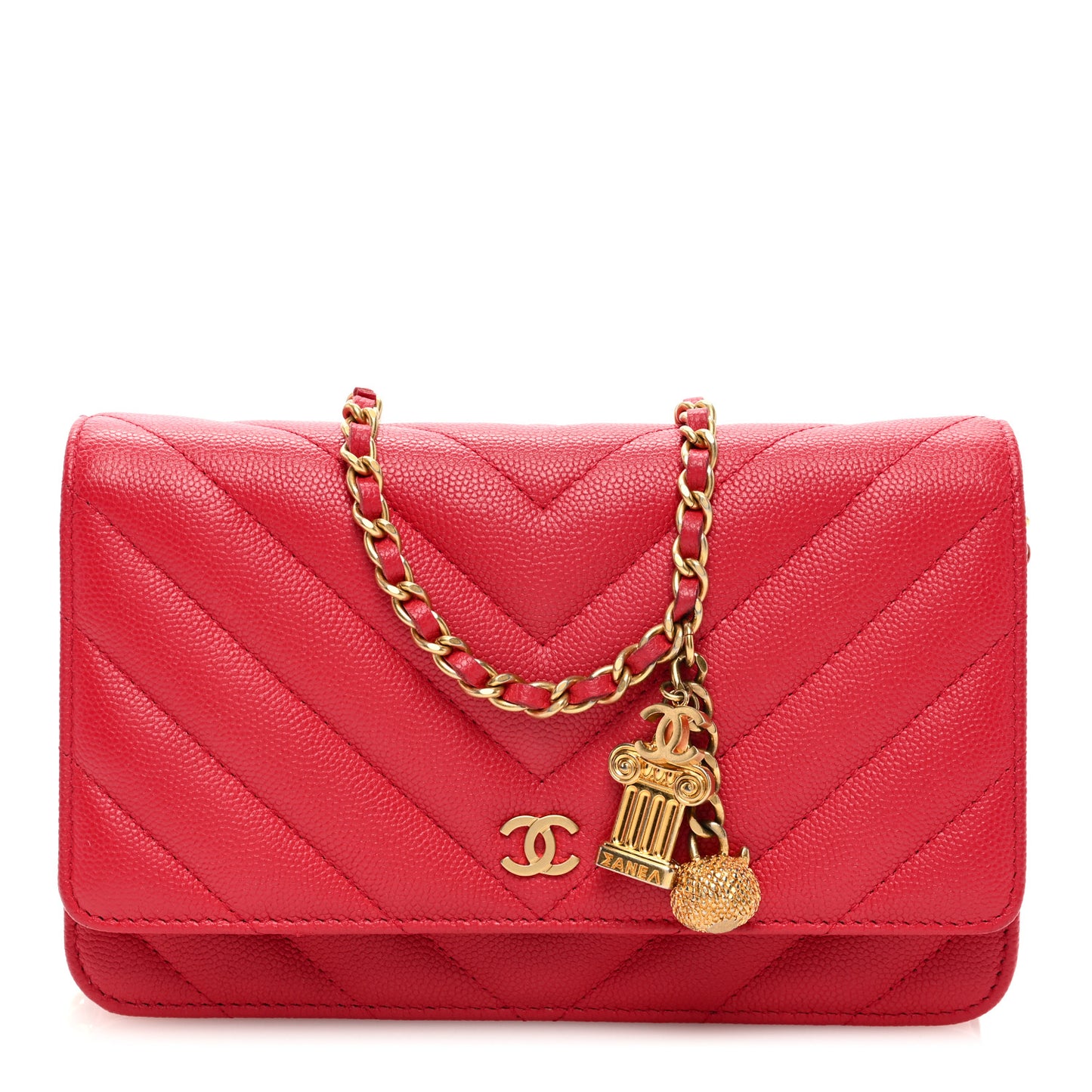 Caviar Chevron Ancient Greek Charms Quilted Wallet On Chain WOC Red
