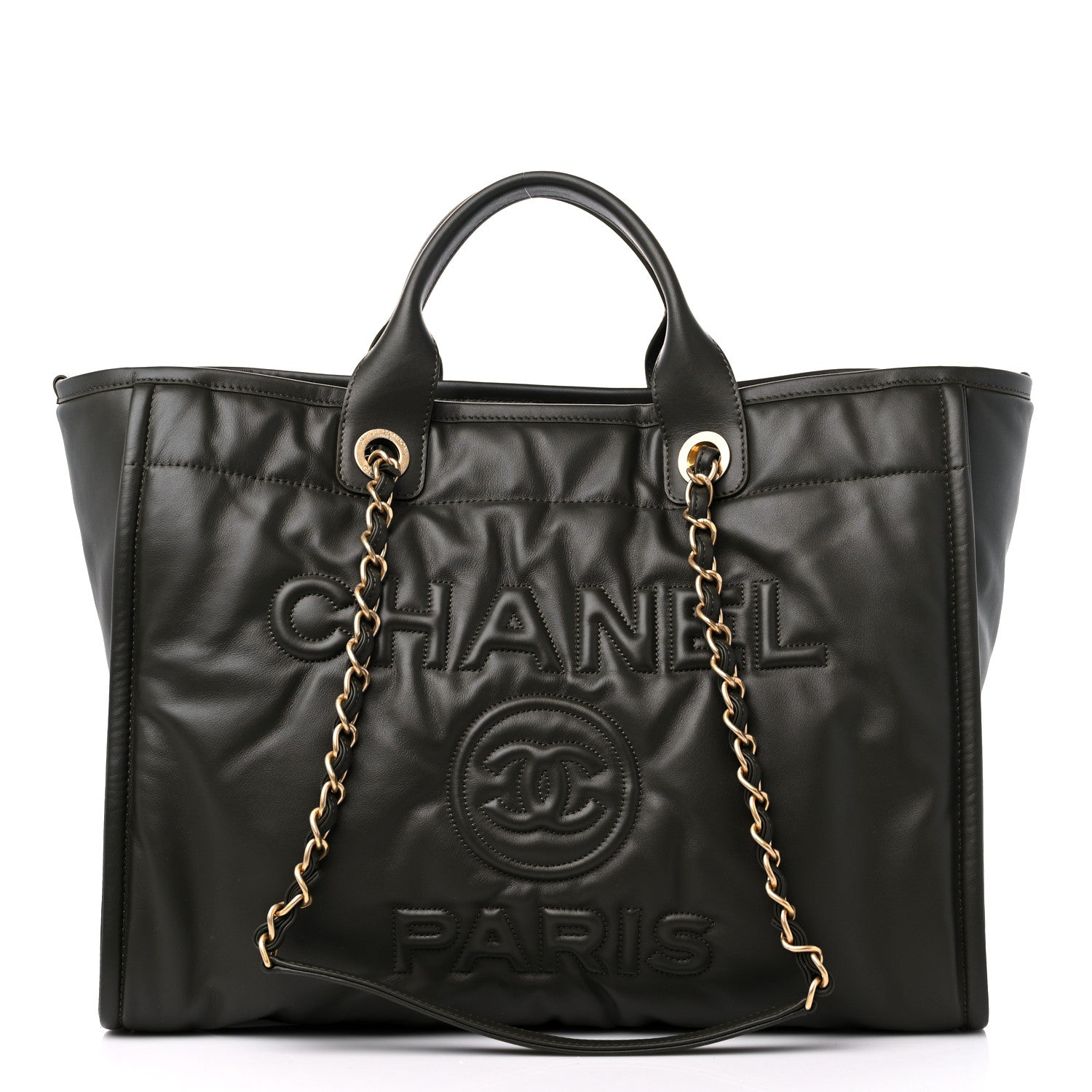 Chanel Calfskin Embossed Medium Deauville Tote Khaki 3 of 12