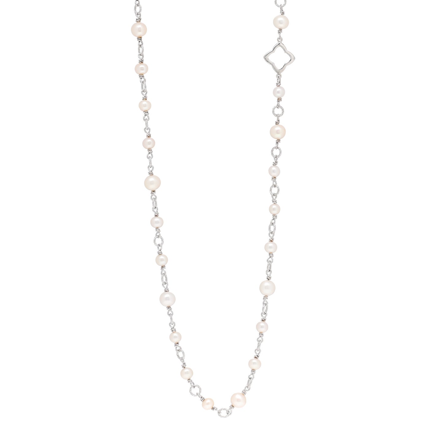 Sterling Silver Pearl 9mm Quatrefoil Long Chain Necklace
