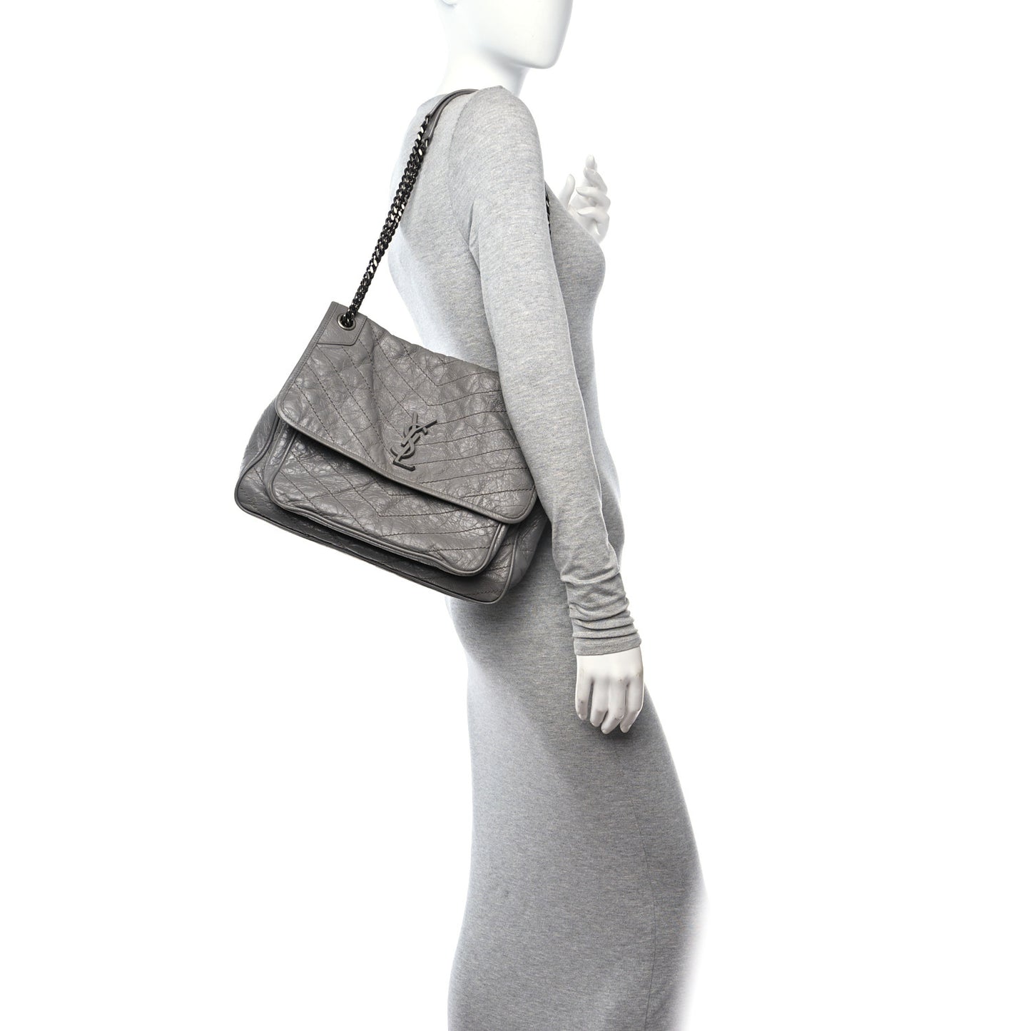Crinkled Calfskin Matelasse Monogram Large Niki Chain Satchel Fog