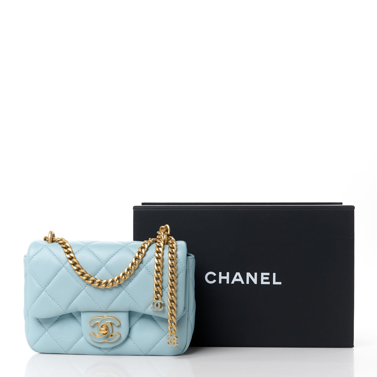 Lambskin Enamel Quilted Mini Pending CC Square Flap Light Blue