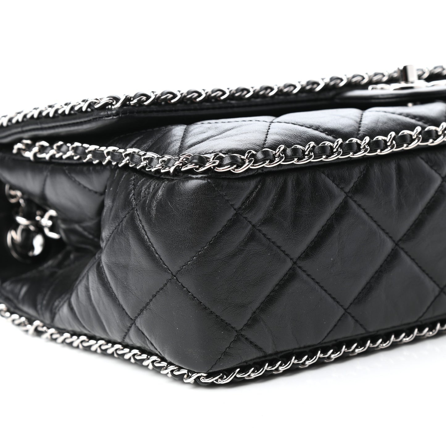 Crumpled Calfskin Quilted Large Chain All Over Flap Bag Black