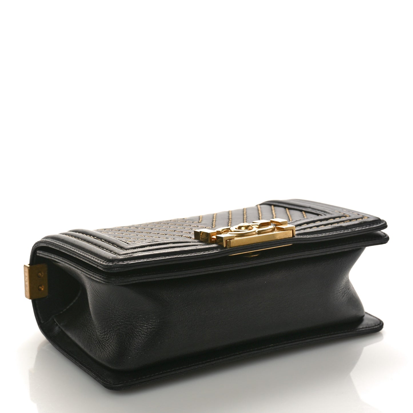 Lambskin Chevron Chain Stitched Small Boy Flap Black