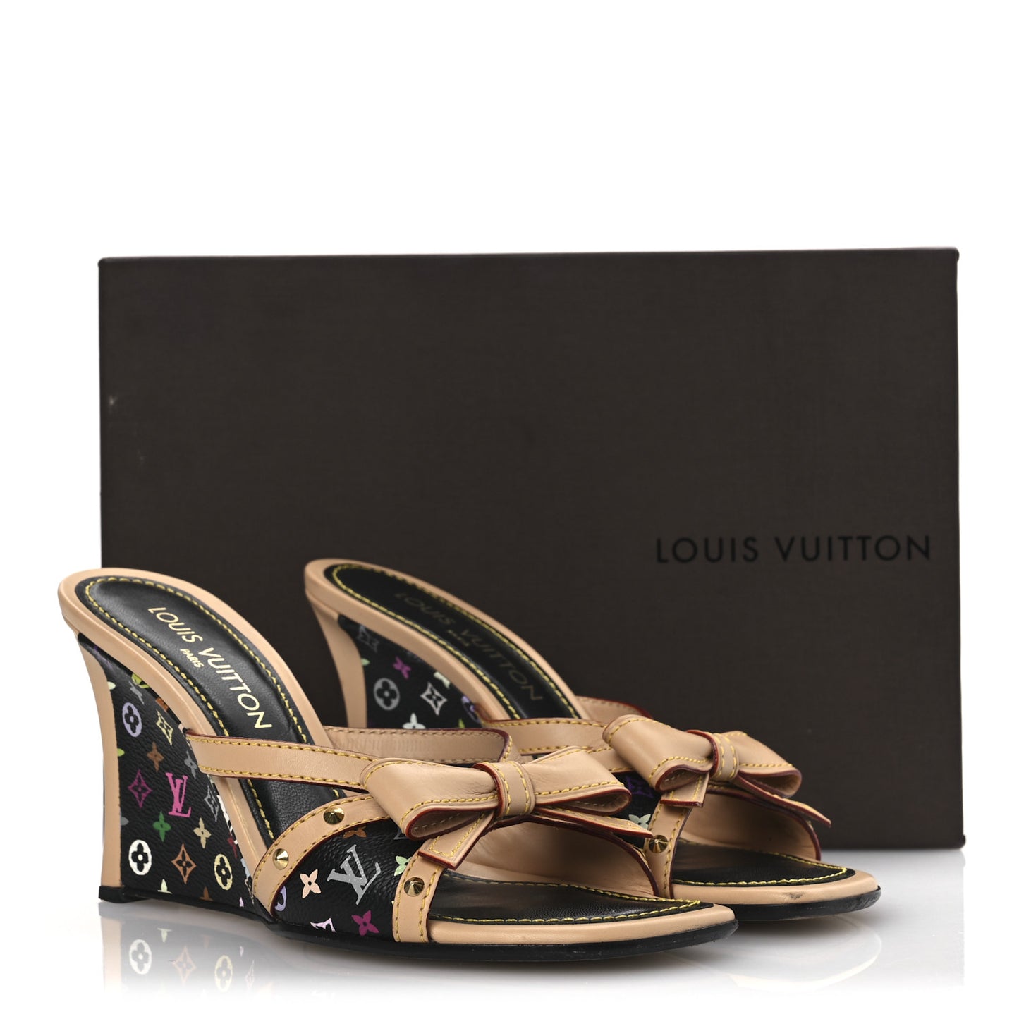 Monogram Multicolor Bow Wedge Sandals 38.5 Black