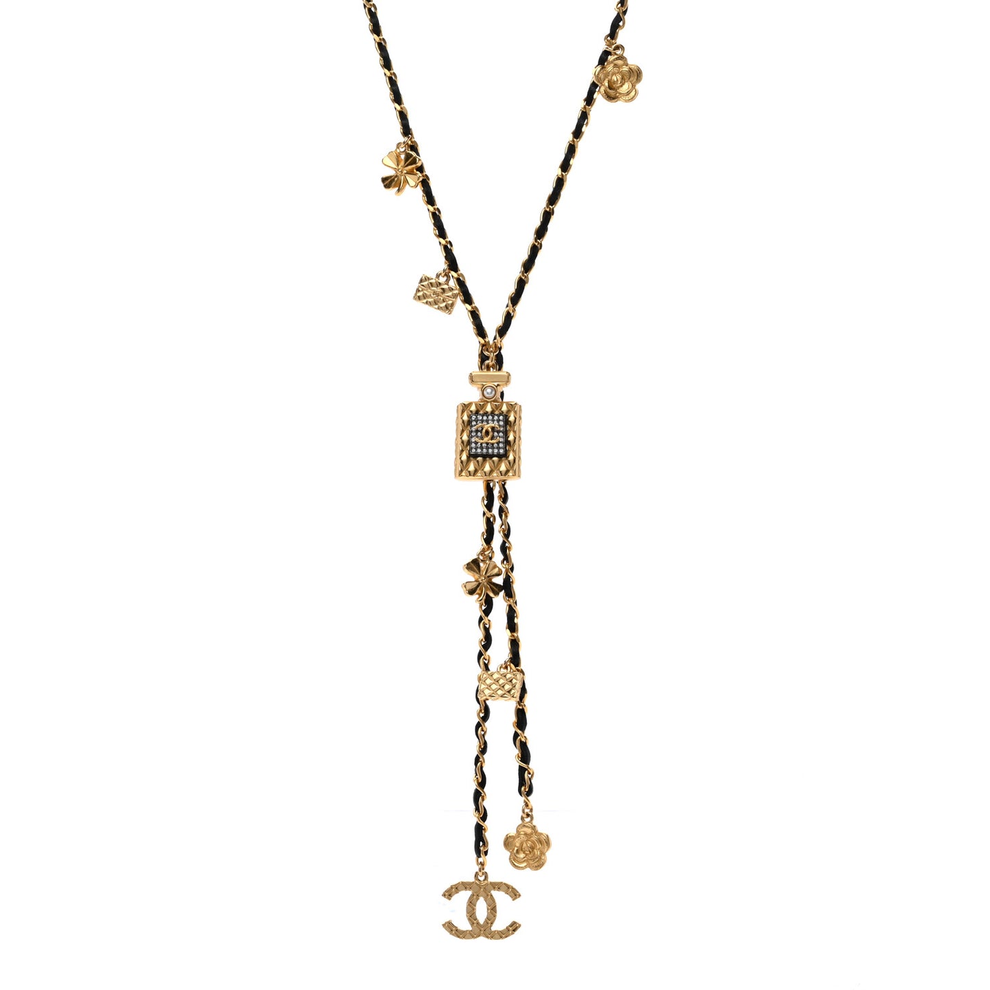 Calfskin Crystal Pearl Perfume Bottle CC Charm Necklace Black Gold