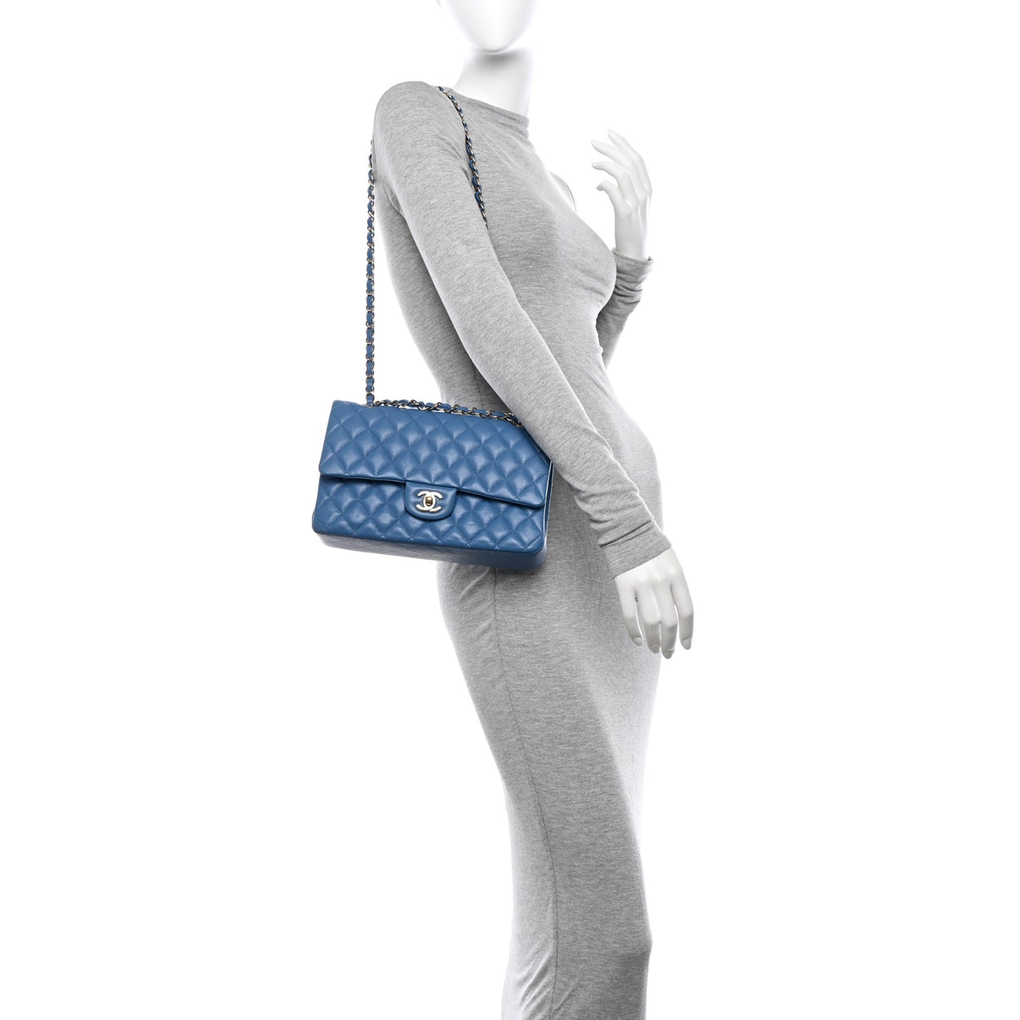 Caviar Quilted Medium Double Flap Blue