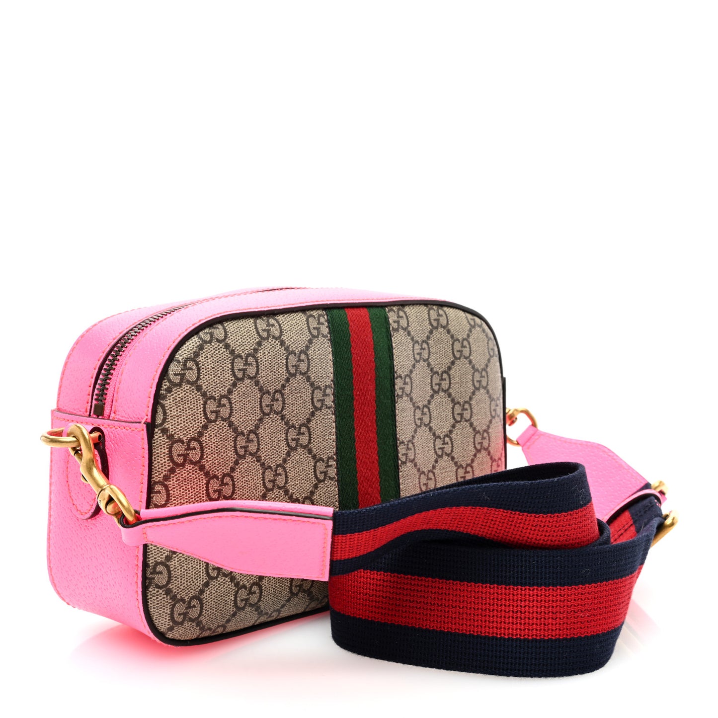 GG Supreme Monogram Textured Dollar Calfskin Web Ophidia Small Crossbody Bag Beige Ebony Fuchsia