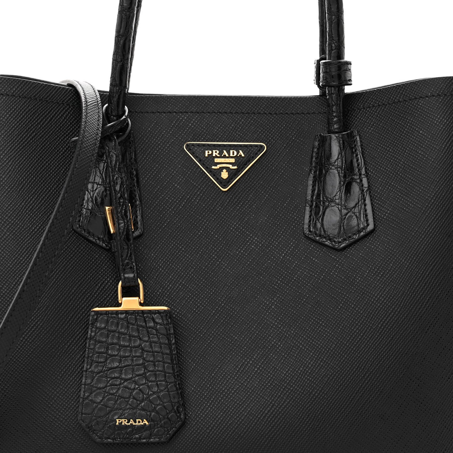 Saffiano Cuir Crocodile Medium Double Bag Black