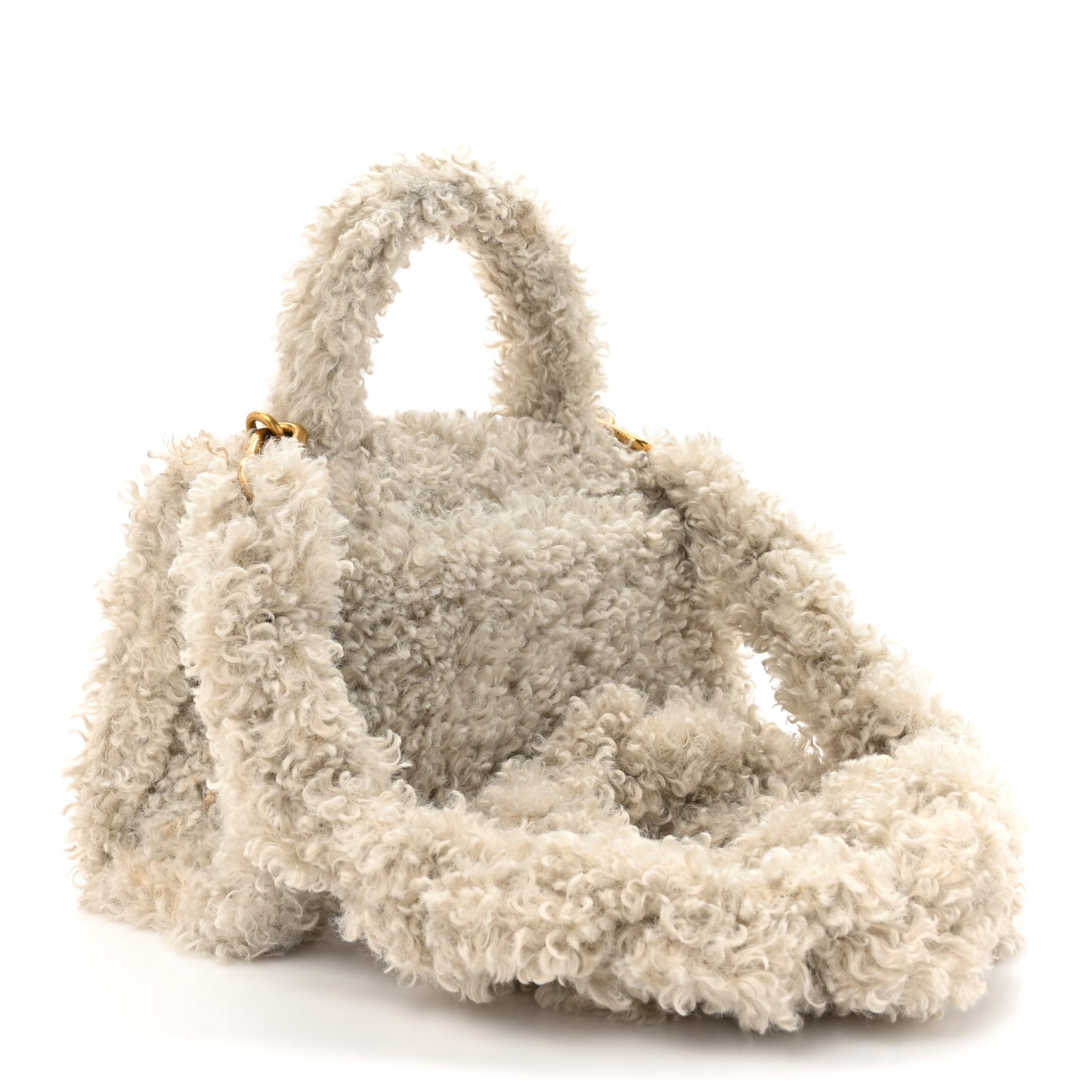 Faux Fur Fluffy Hourglass XS Top Handle Bag Beige