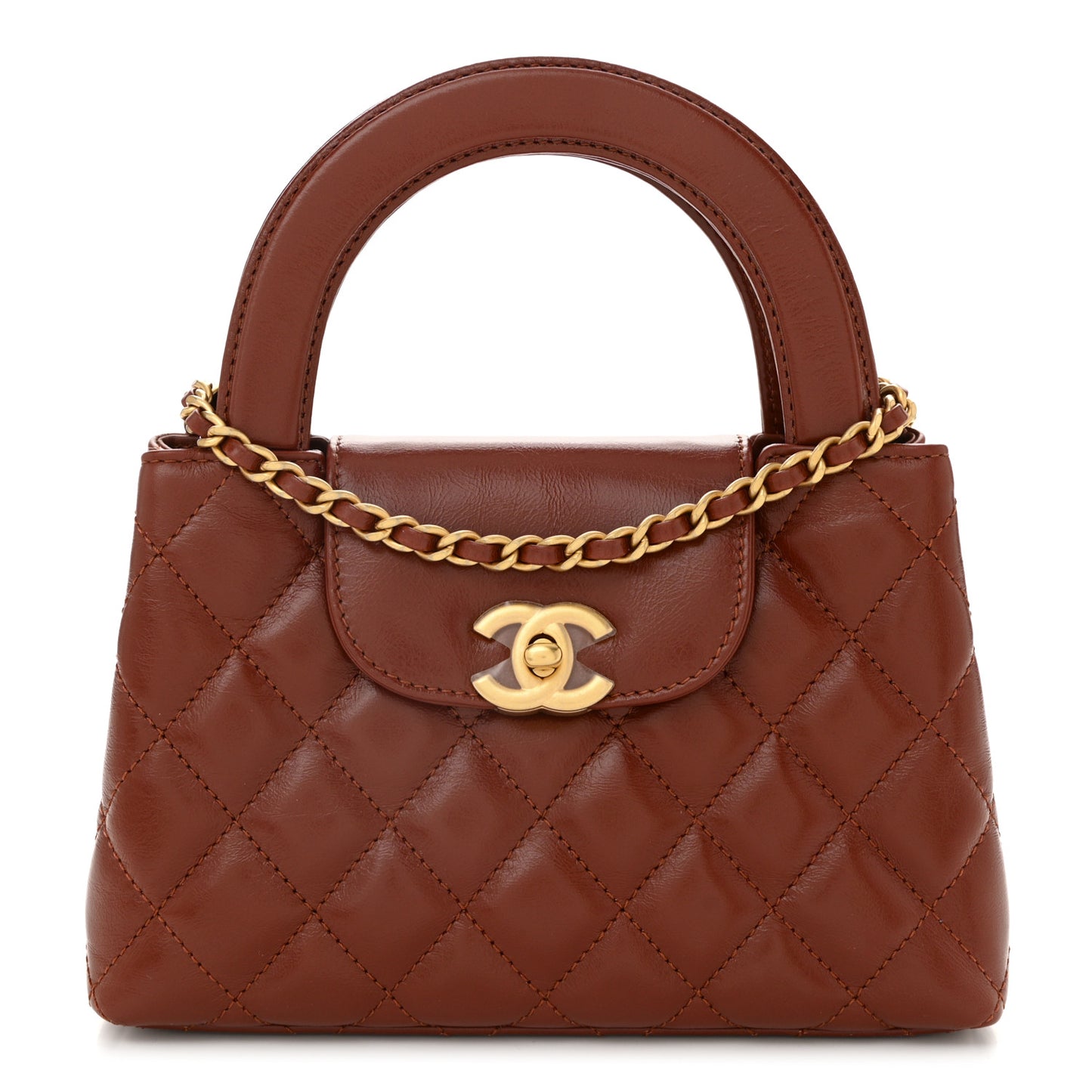 Shiny Aged Calfskin Quilted Nano Kelly Shopper Brown