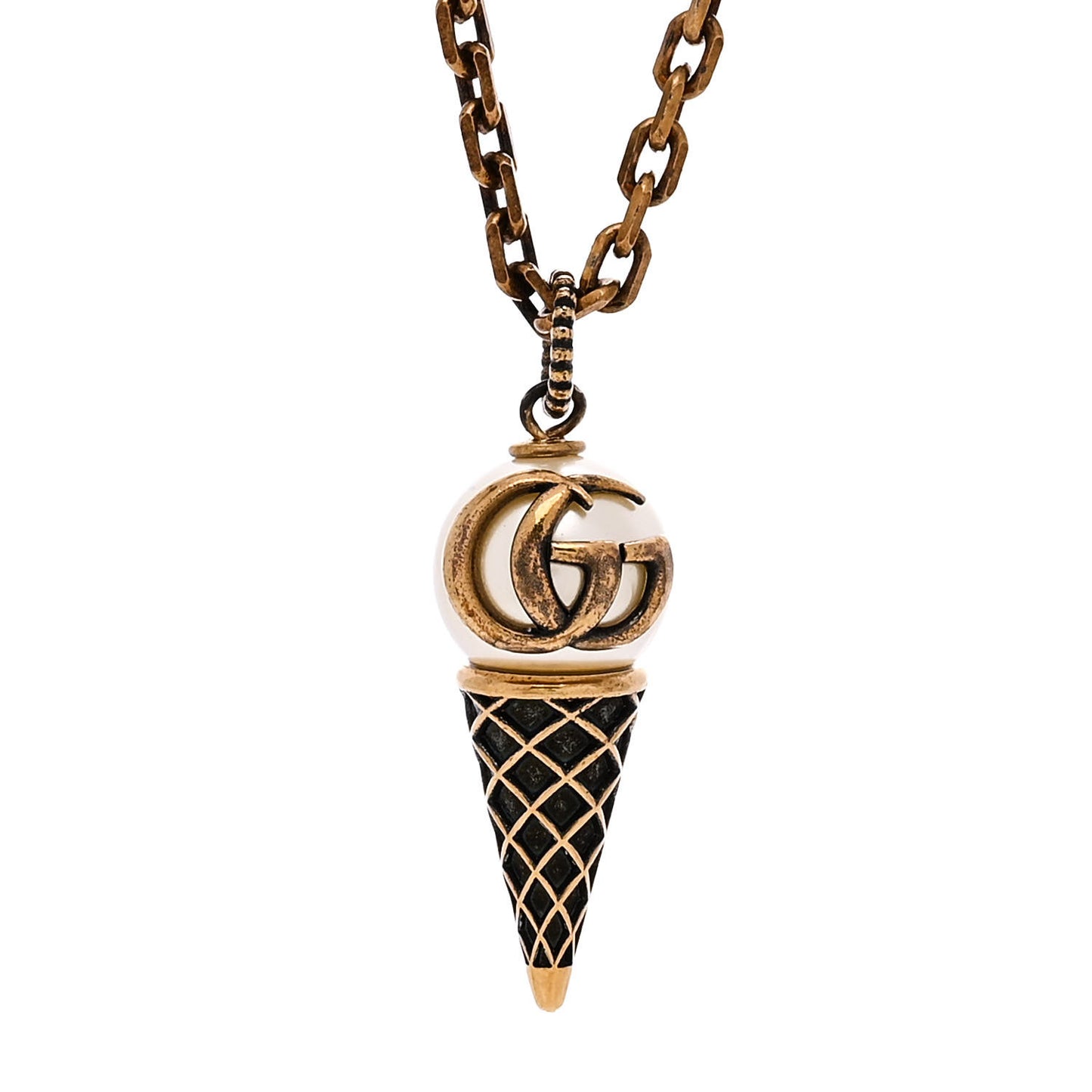 Metal Pearl Double G Ice Cream Pendant Necklace Aged Gold
